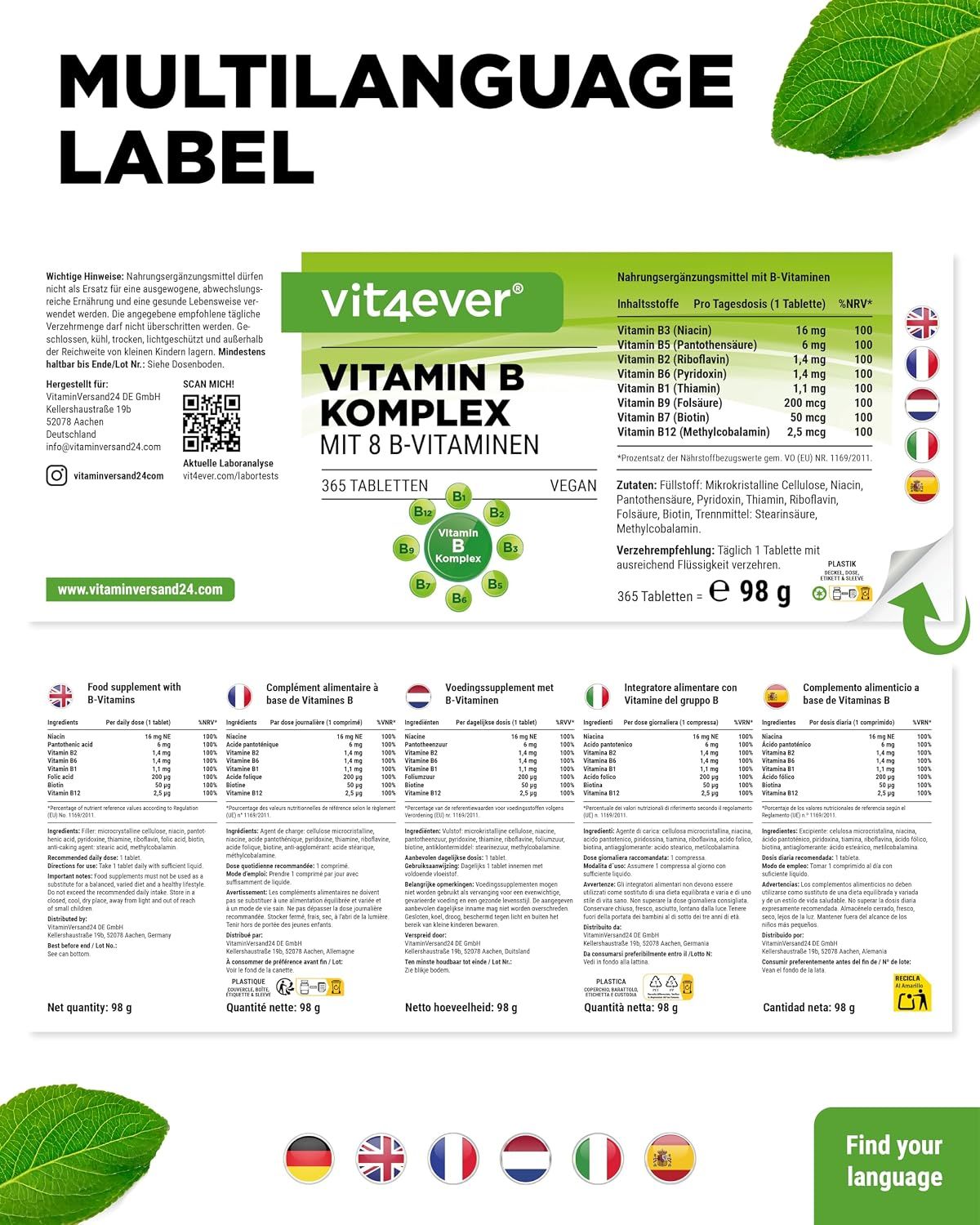vit4ever Vitamin B Komplex - 8 B-Vitamine - 365 Tabletten