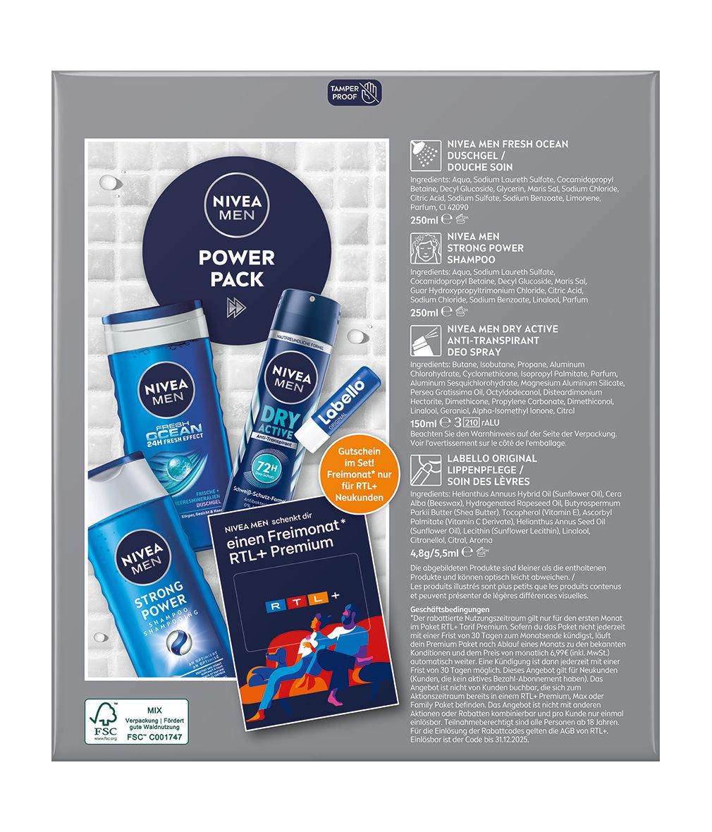 Rückseite des NIVEA MEN Power Pack Geschenksets. Enthält Produktinformationen, Inhaltsstoffe und Logos. FSC-Zertifizierung.
