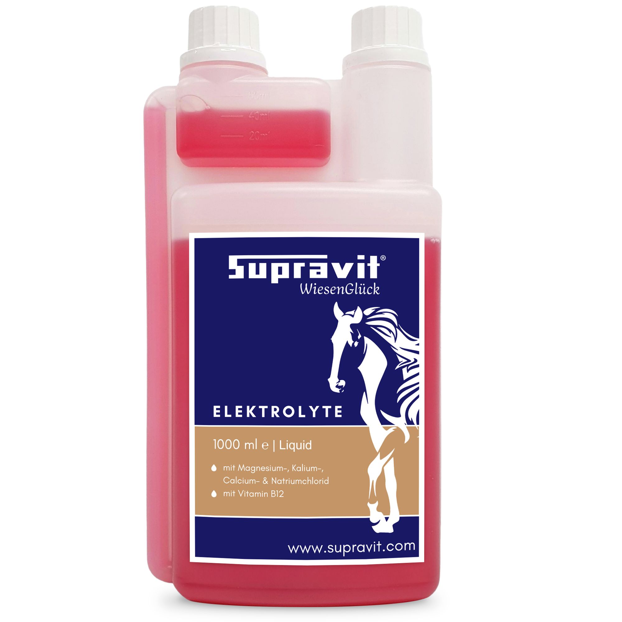 Elektrolytflasche mit roter Flüssigkeit. Aufschrift: Supravit Elektrolyte. 1000 ml. Mit Magnesium, Kalium, Calcium & Natriumchlorid, Vitamin B12.