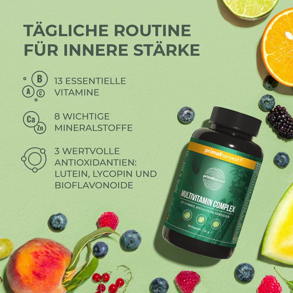 Flasche Multivitamin Complex, umgeben von Obst und Gemüse. Text: Tägliche Routine für innere Stärke.