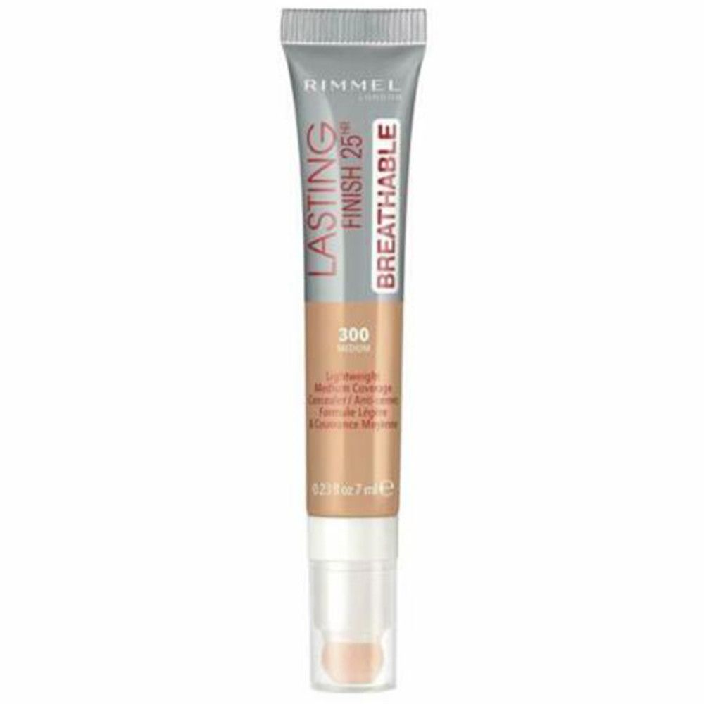 Concealer-Tube von Rimmel. Silberne Kappe, Schriftzug "LASTING FINISH 25H BREATHABLE". Farbton 300. 7 ml.