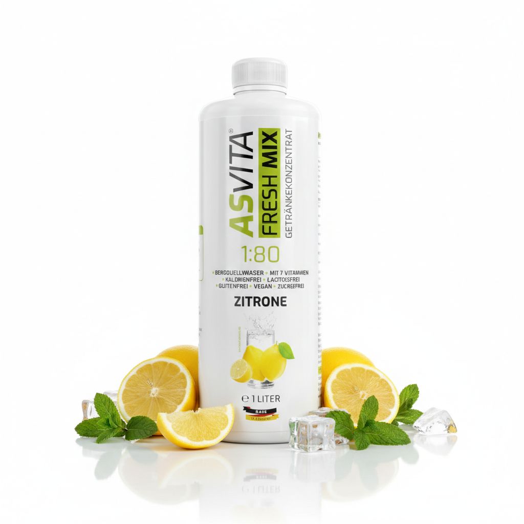 ASVita Fresh Mix Zitrone Getränkekonzentrat, 1 Liter Flasche umgeben von Zitronen, Minze und Eis.