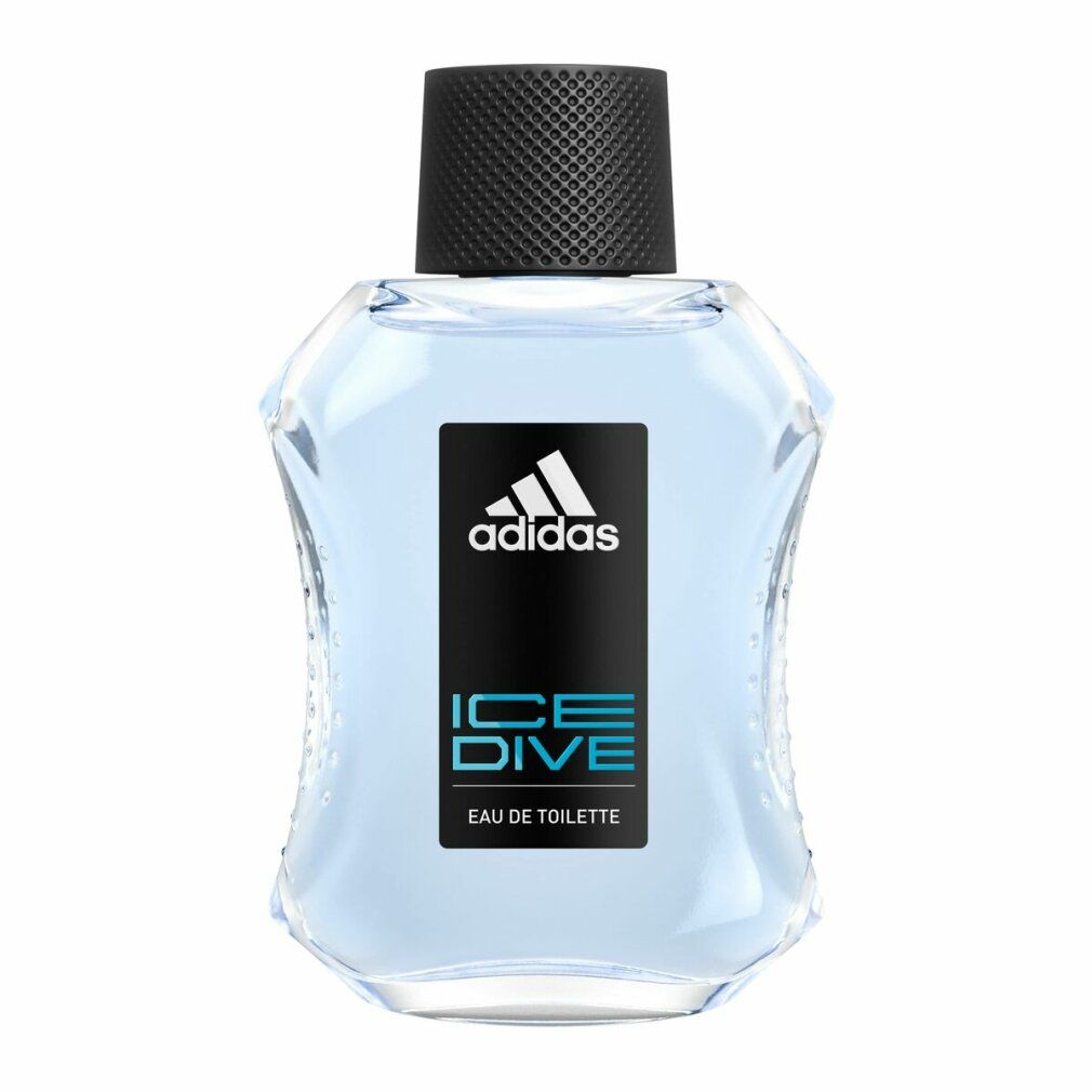 Klarer Flakon mit schwarzem Deckel. Aufkleber mit Adidas-Logo und Schriftzug ICE DIVE. Eau de Toilette.