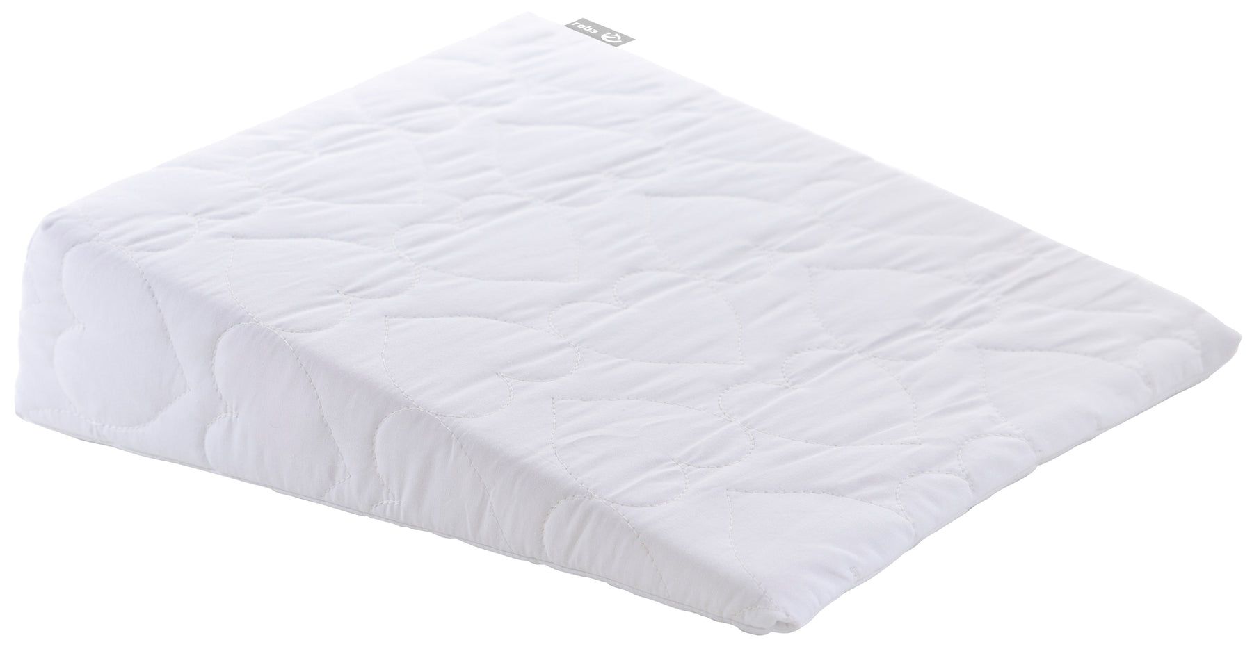 Keilkissen, weiß, gesteppt. Schrägansicht. Kleines Logo oben rechts.