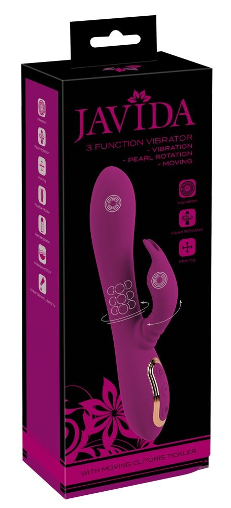 Verpackung mit Produktabbildung. Lila Vibrator mit Kaninchenohren. Text: JAVIDA, 3 Funktionen.