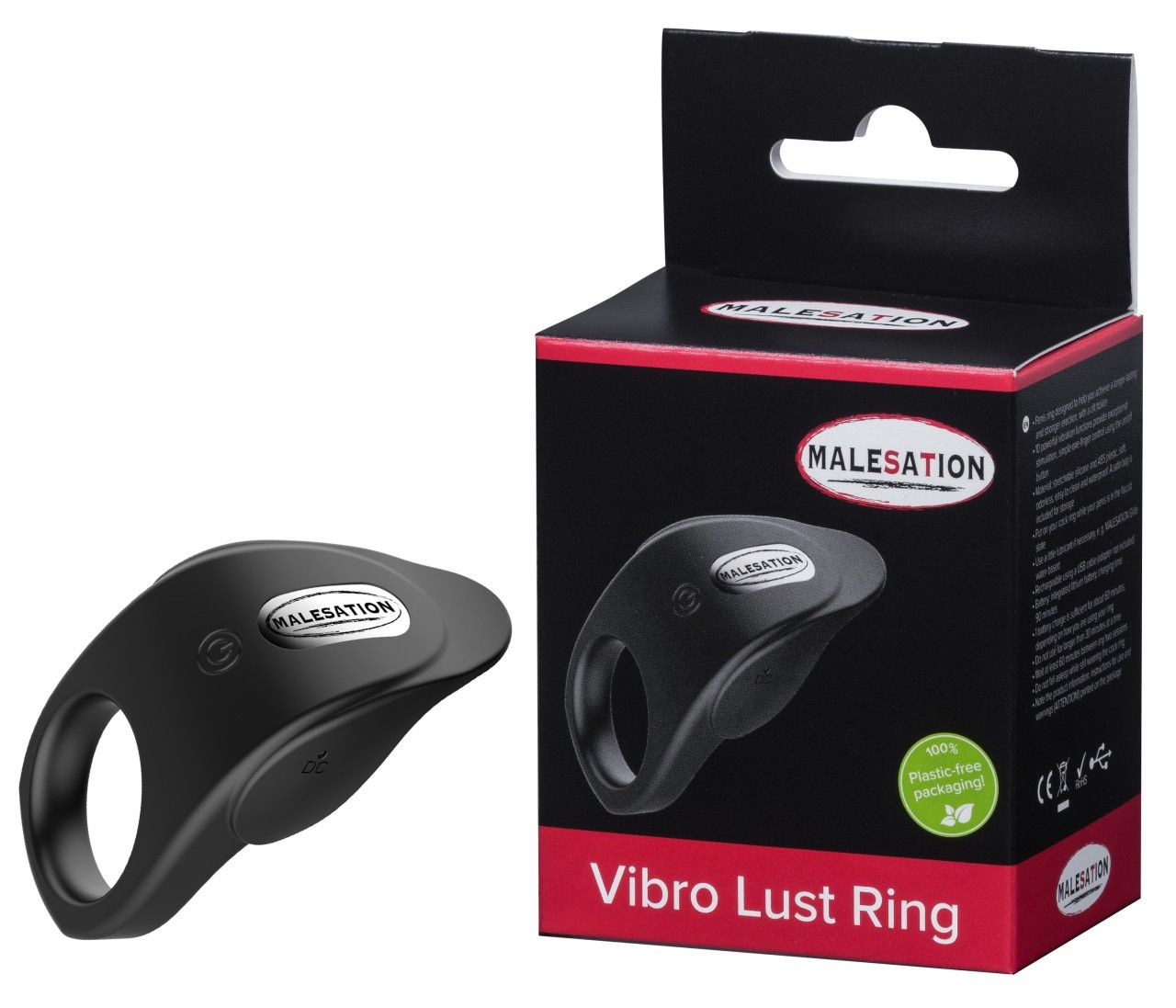 Schwarzer Ring neben Verpackung. Verpackung mit MALESATION und Vibro Lust Ring. Schwarze Box mit roter Schrift.