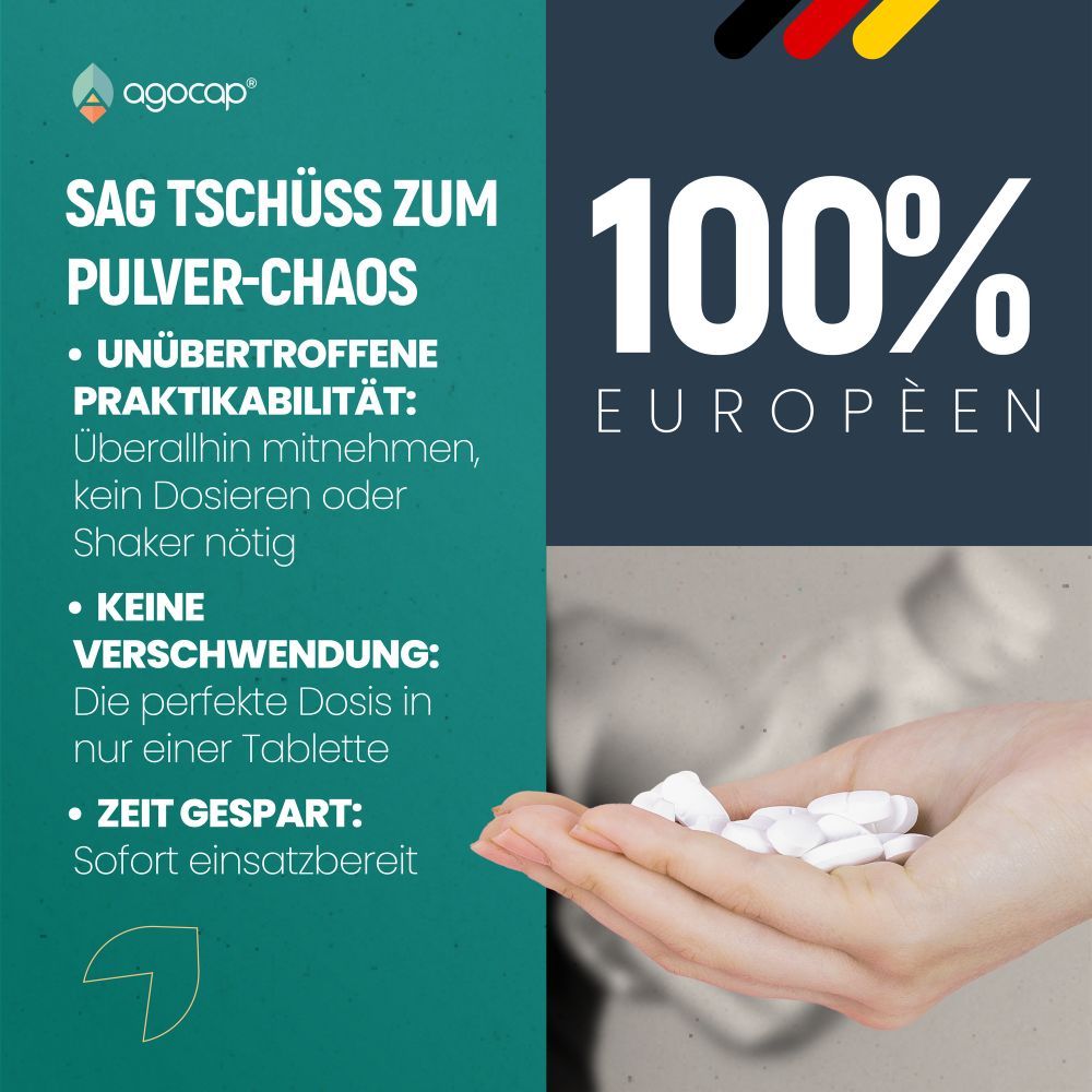 Hand hält Tabletten. Text: Sag Tschüss zum Pulver-Chaos. 100% Europäisch. Sofort einsatzbereit.
