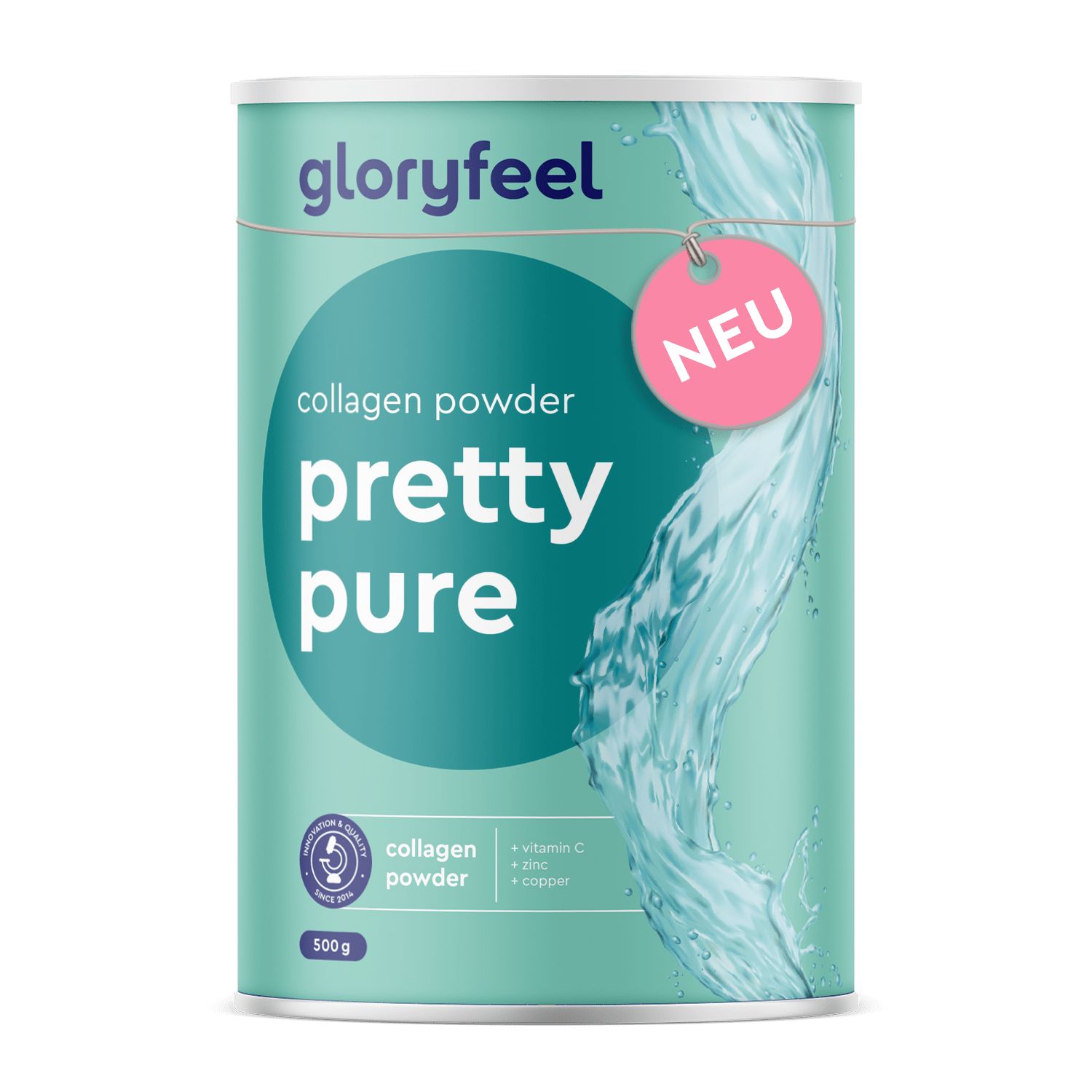 Zylindrische Dose mit "gloryfeel" und "pretty pure" Aufdruck. Rosa "NEU" Anhänger. Türkis-weißes Design.