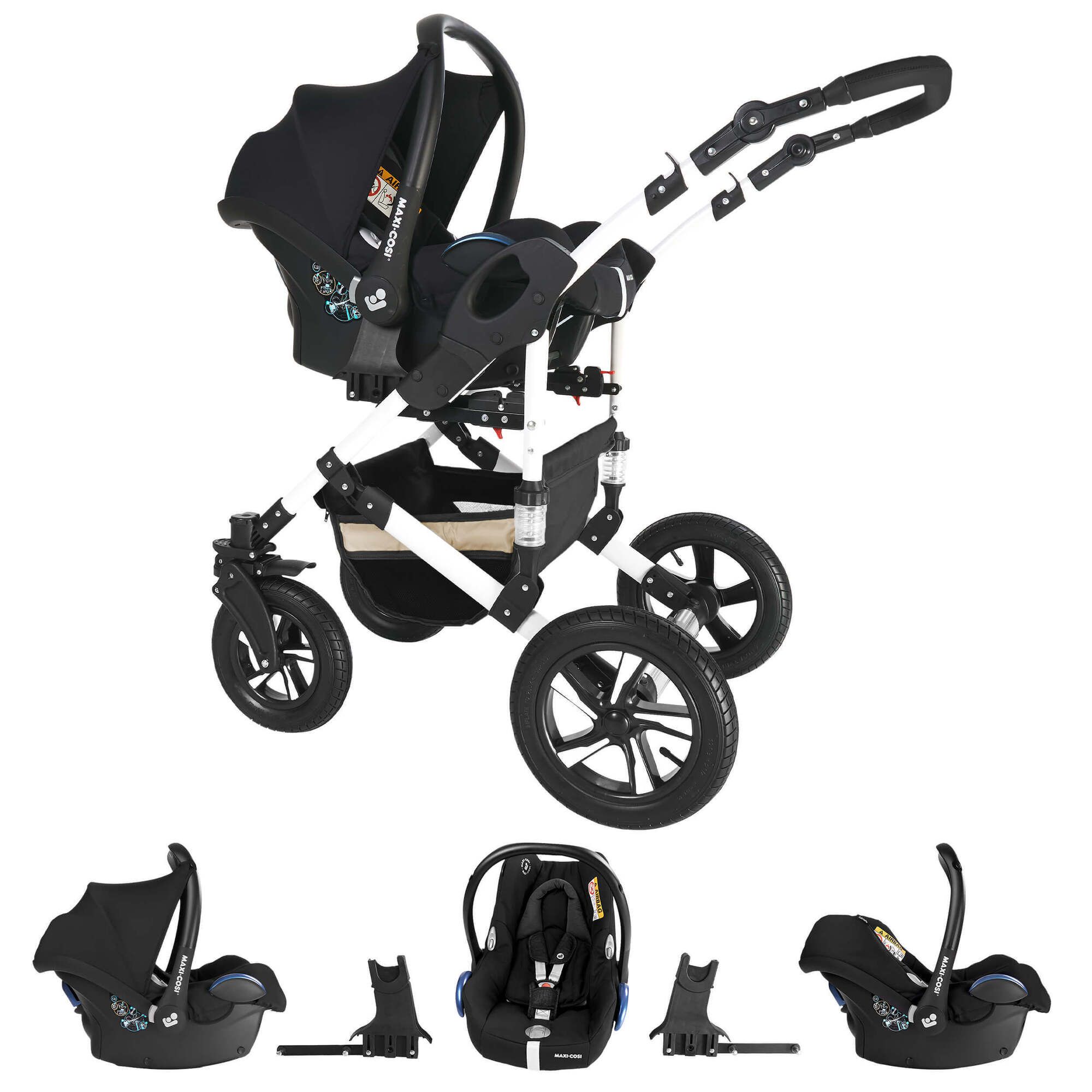 Friedrich Hugo Hamburg 3 in 1 Kinderwagen mit Original Maxi Cosi, Luft Grey & Beige