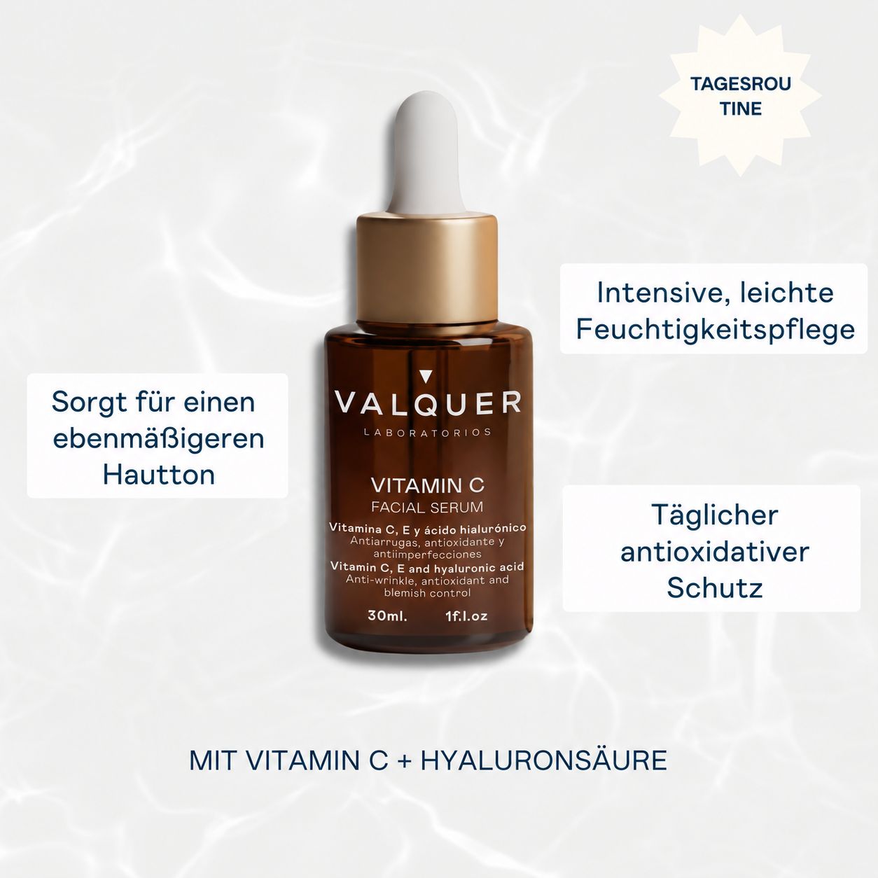 Valquer Vitamin C Facial Serum in braunem Flakon mit Pipette. Intensive Feuchtigkeitspflege, täglicher antioxidativer Schutz.