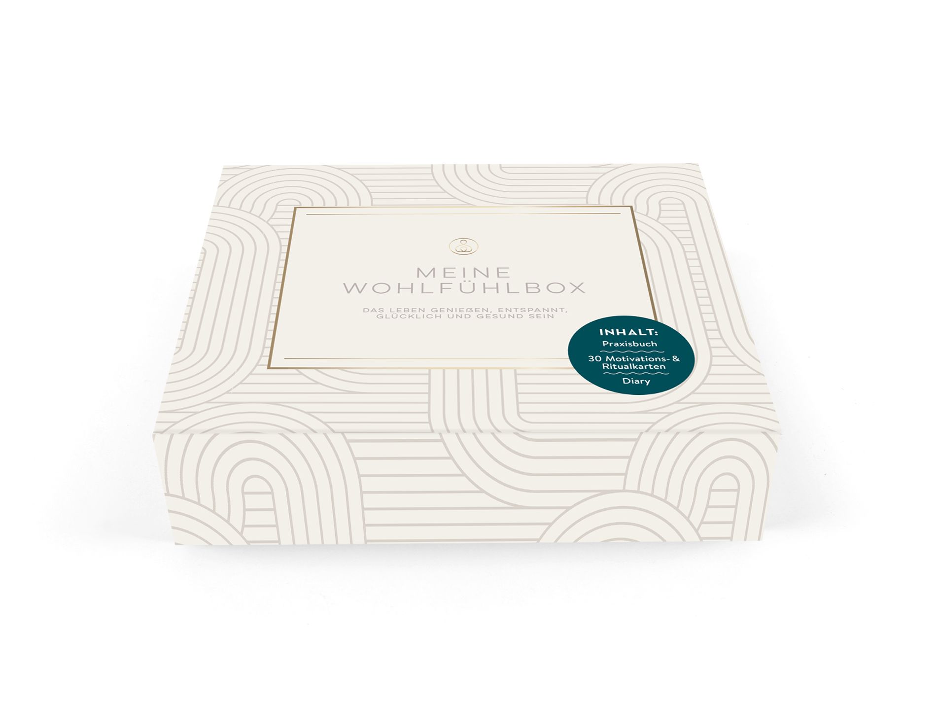 Quadratische Box mit Wellenmuster und Aufschrift 'Meine Wohlfühlbox'. Aufkleber mit Inhaltsangabe.