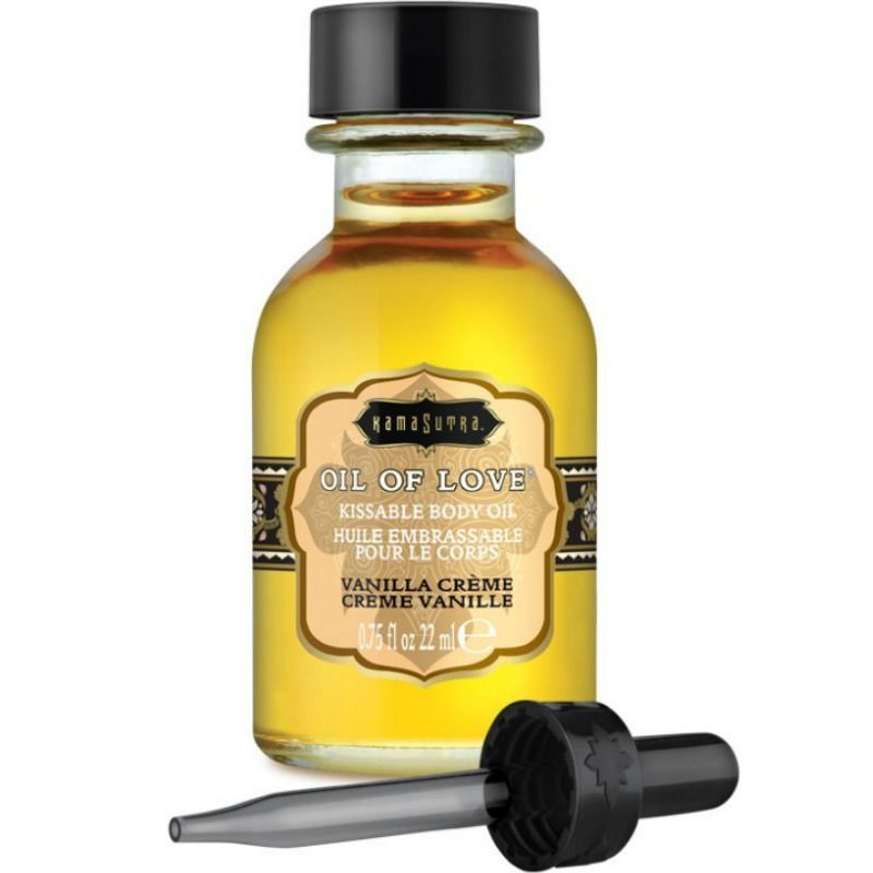 Flasche mit Öl und Pipette. Aufschrift: Oil of Love, Vanille Crème. Gelbes Öl.