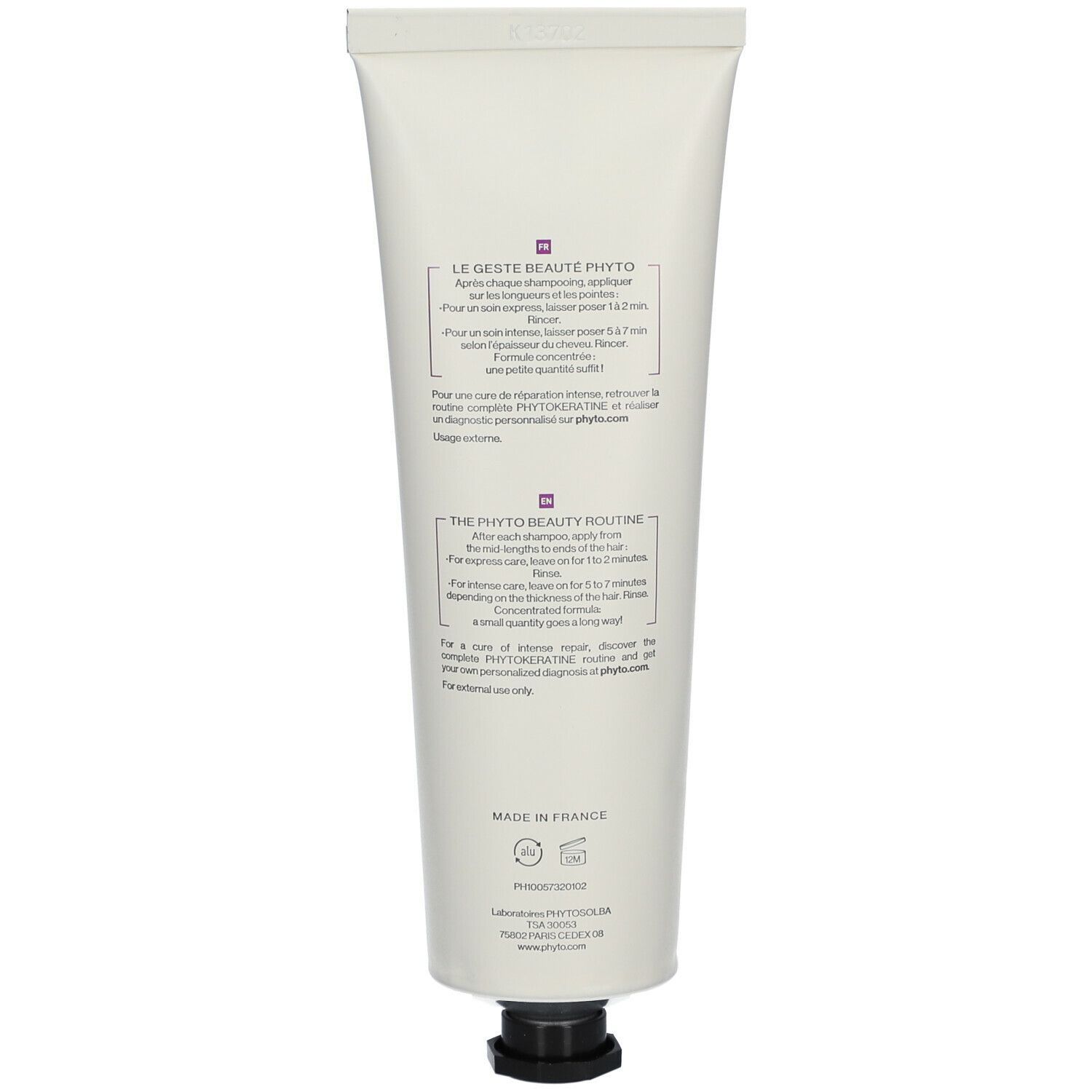 Rückseite einer Creme-Tube. Text in französischer Sprache. Schwarzer Verschluss. Marke PHYTO.