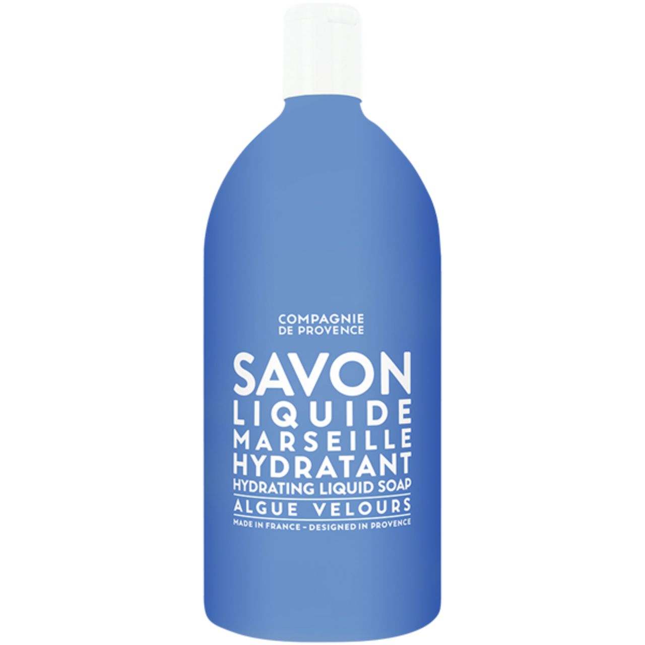 Blaue Flasche mit weißem Deckel. Text: Savon Liquide Marseille Hydratant, Algue Velours. Marke: Compagnie de Provence.