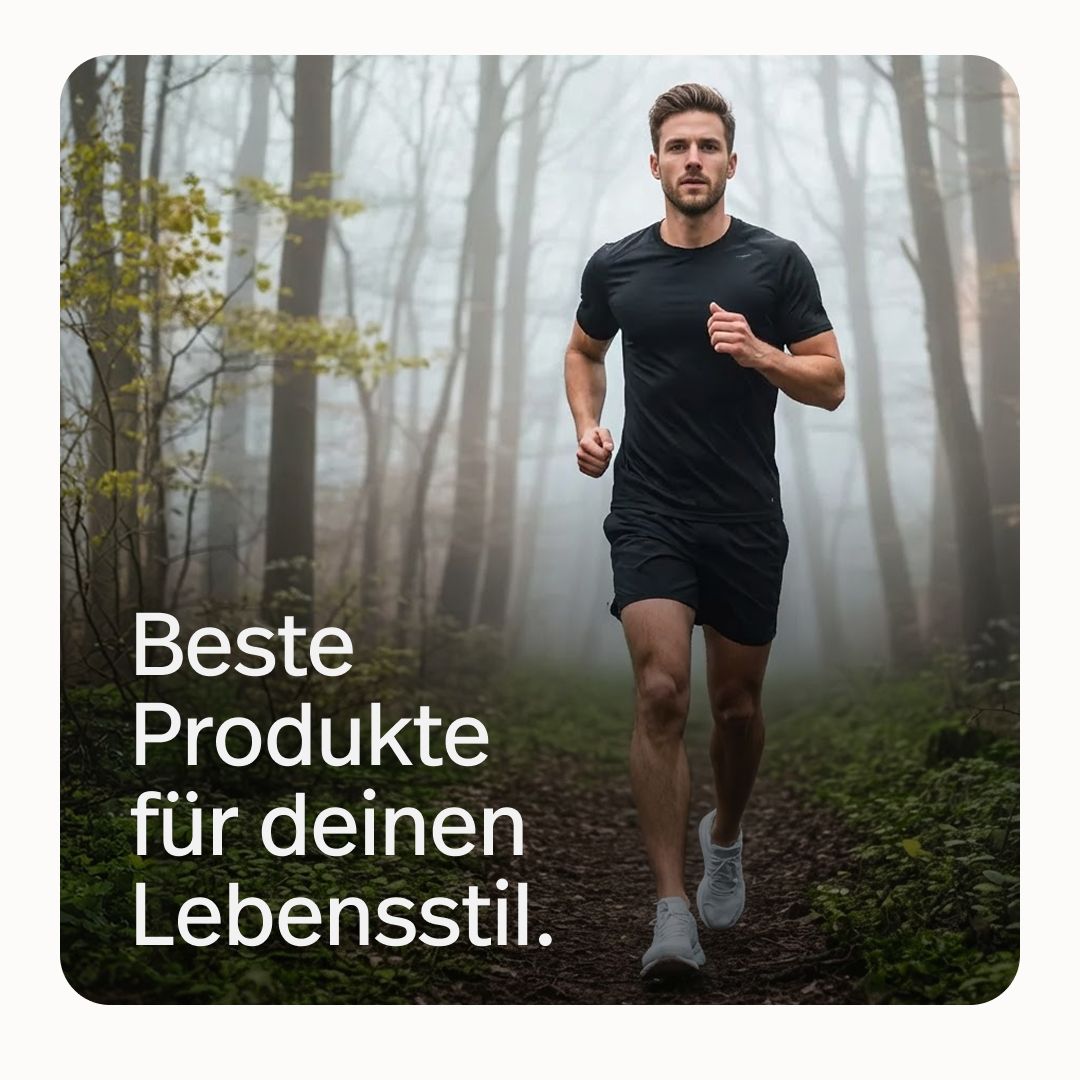 Läufer im Wald. Text: Beste Produkte für deinen Lebensstil.