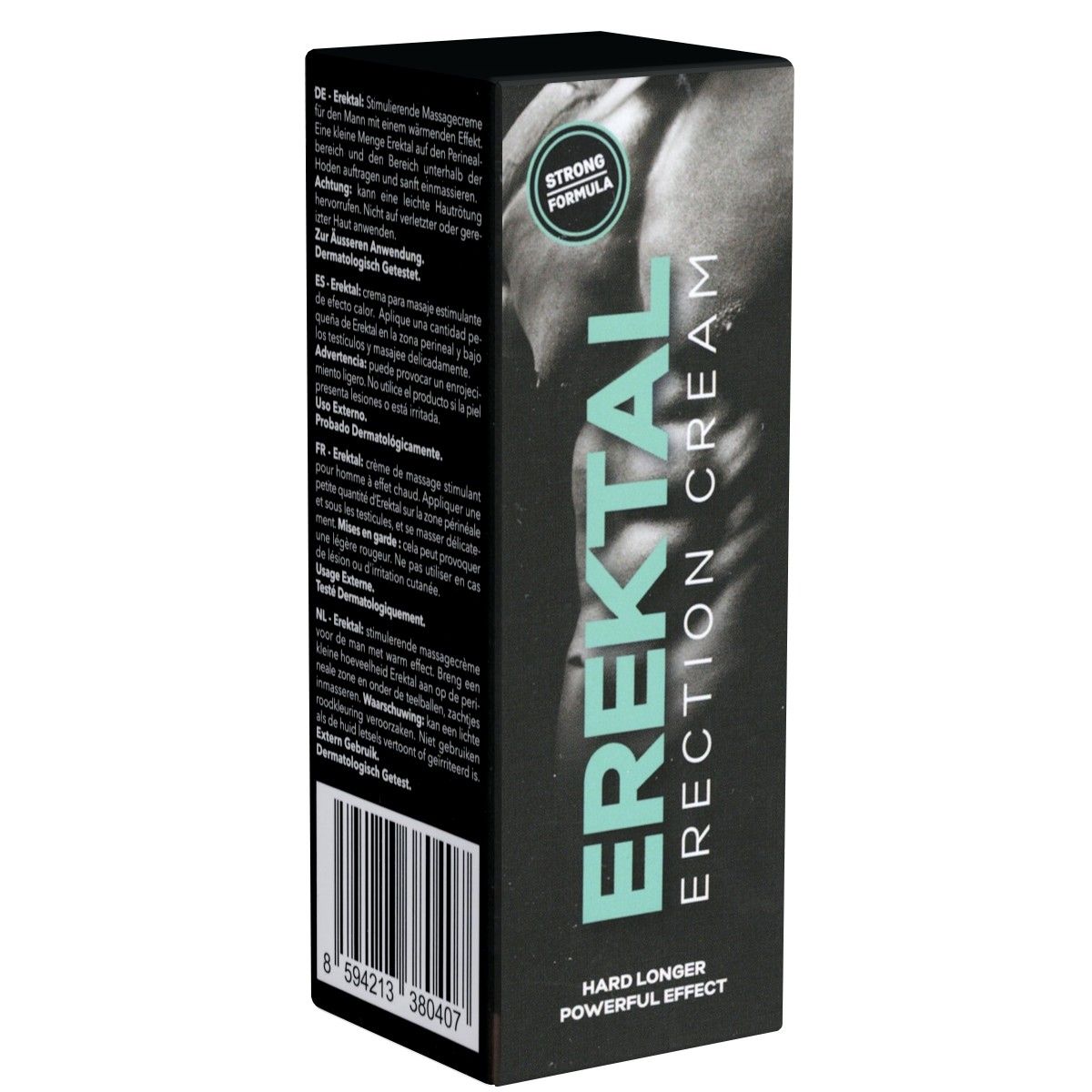 Schwarze Produktverpackung mit "EREKTAL ERECTION CREAM" in Türkis. "STRONG FORMULA" und "HARD LONGER POWERFUL EFFECT" sind ebenfalls sichtbar.