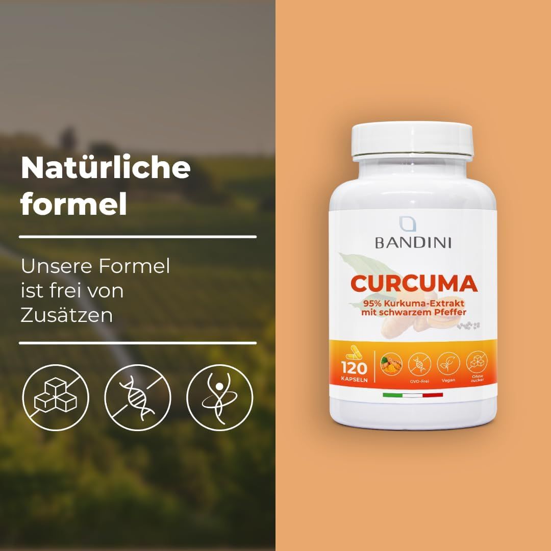 Weiße Flasche mit Kapseln. Aufschrift: Bandini Curcuma. Text: Natürliche Formel. Hintergrund orange.