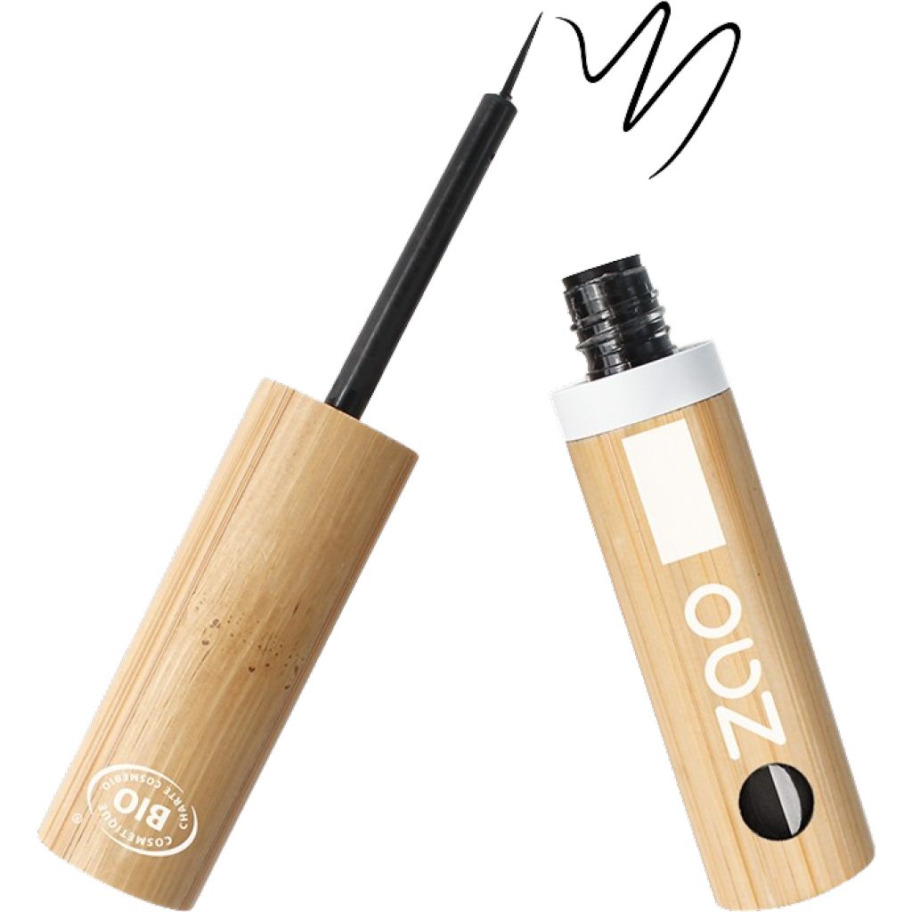 Eyeliner-Applikator mit schwarzer Spitze und Bambusgriff. Geöffnete Flasche mit schwarzem Inhalt und weißem Deckel. Marke ZAO.