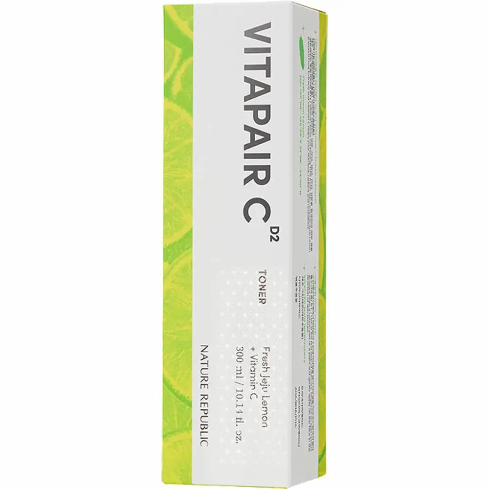 Verpackung mit Aufschrift: VITAPAIR C Toner, Fresh Jeju Lemon + Vitamin C. Marke: NATURE REPUBLIC. Grün-gelbes Design.