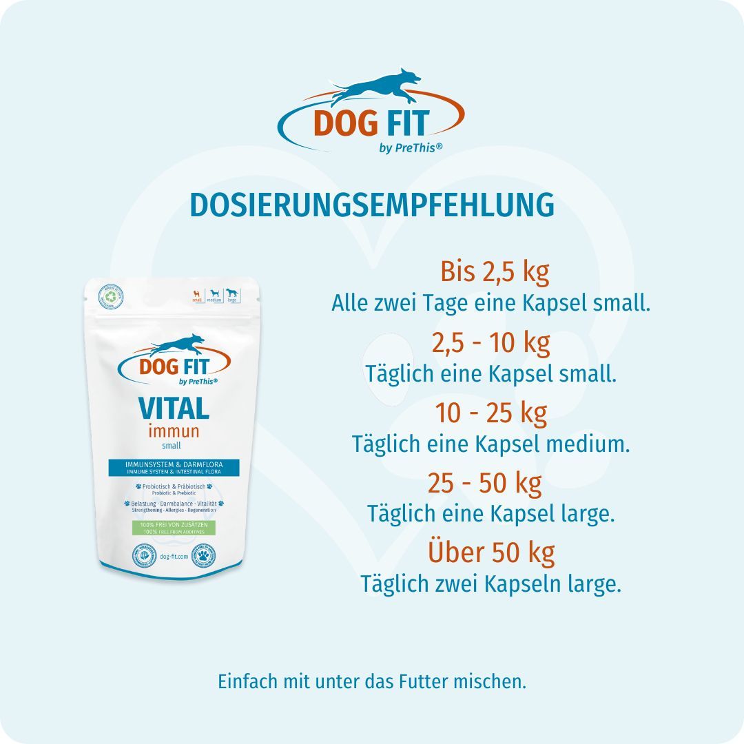 Produktverpackung mit Text: VITAL immun. Dosierungsempfehlung nach Gewicht: bis 2,5 kg, 2,5-10 kg, 10-25 kg, 25-50 kg, über 50 kg.