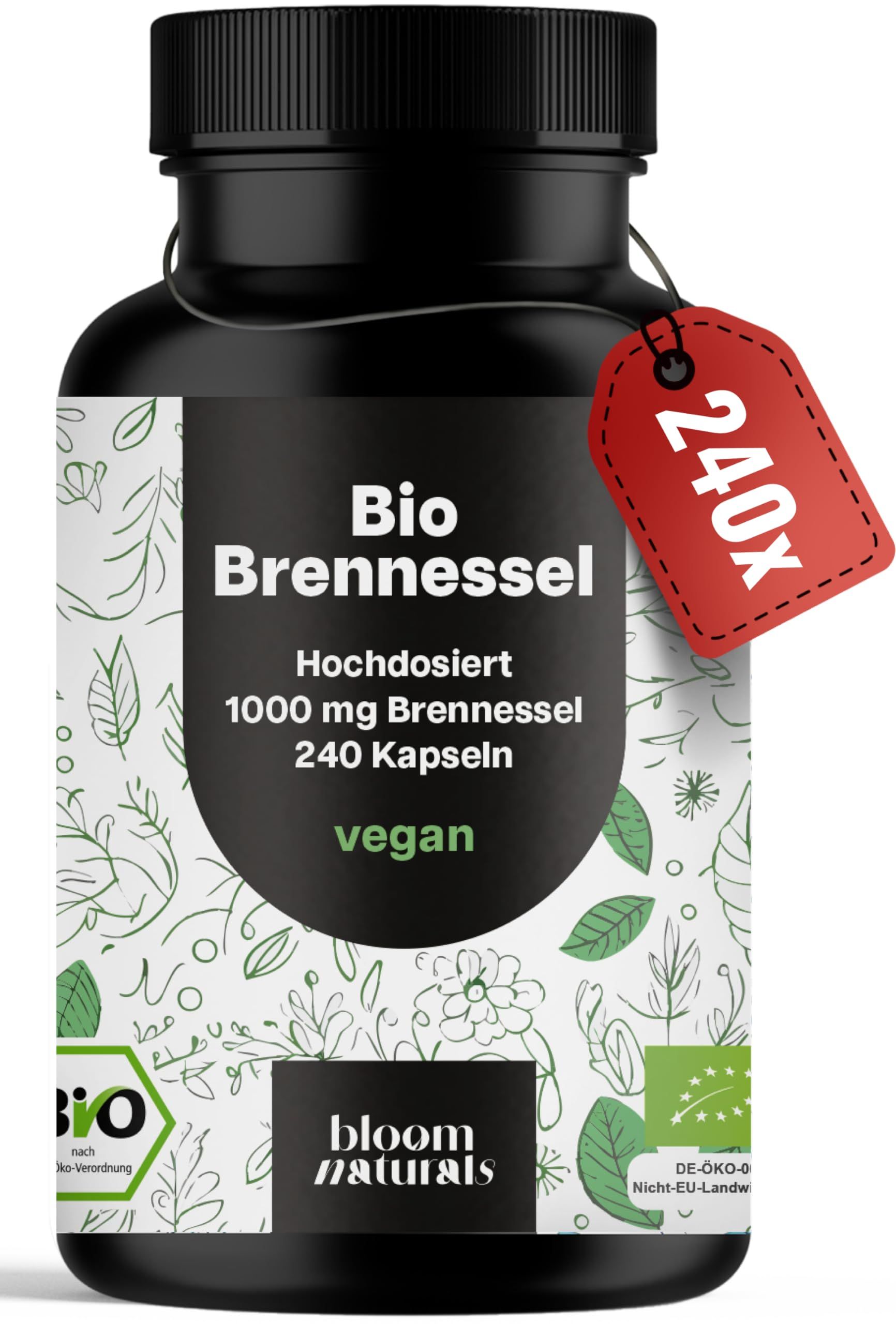 Schwarze Flasche mit Etikett: Bio Brennessel, 240 Kapseln, vegan. Rotes Anhängerschild mit 240X. Bio-Siegel.
