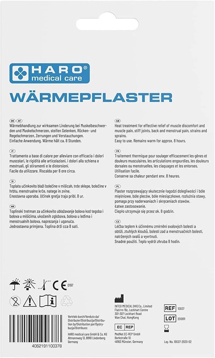 Achterkant van de verpakking van Haro Wärmepflaster. Tekst in meerdere talen. Logo: Haro Medical Care. CE-markering.