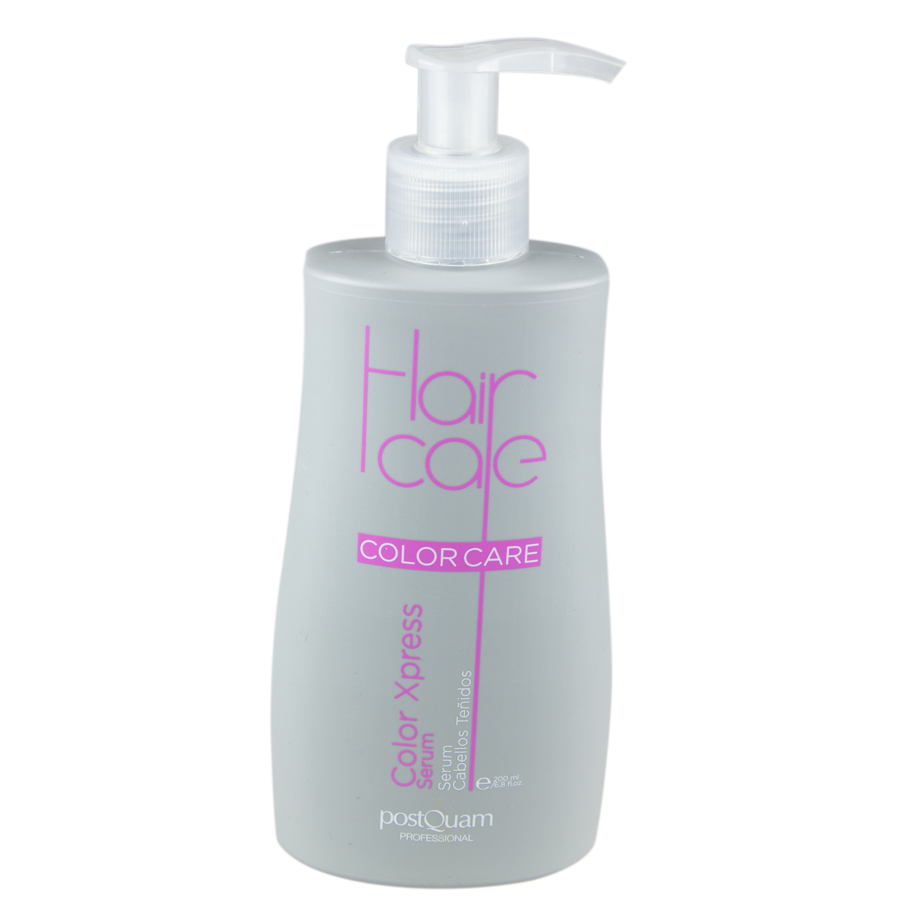 Graue Flasche mit Pumpe. Aufschrift: Hair Care, Color Care, Color Xpress Serum. Marke: Postquam.