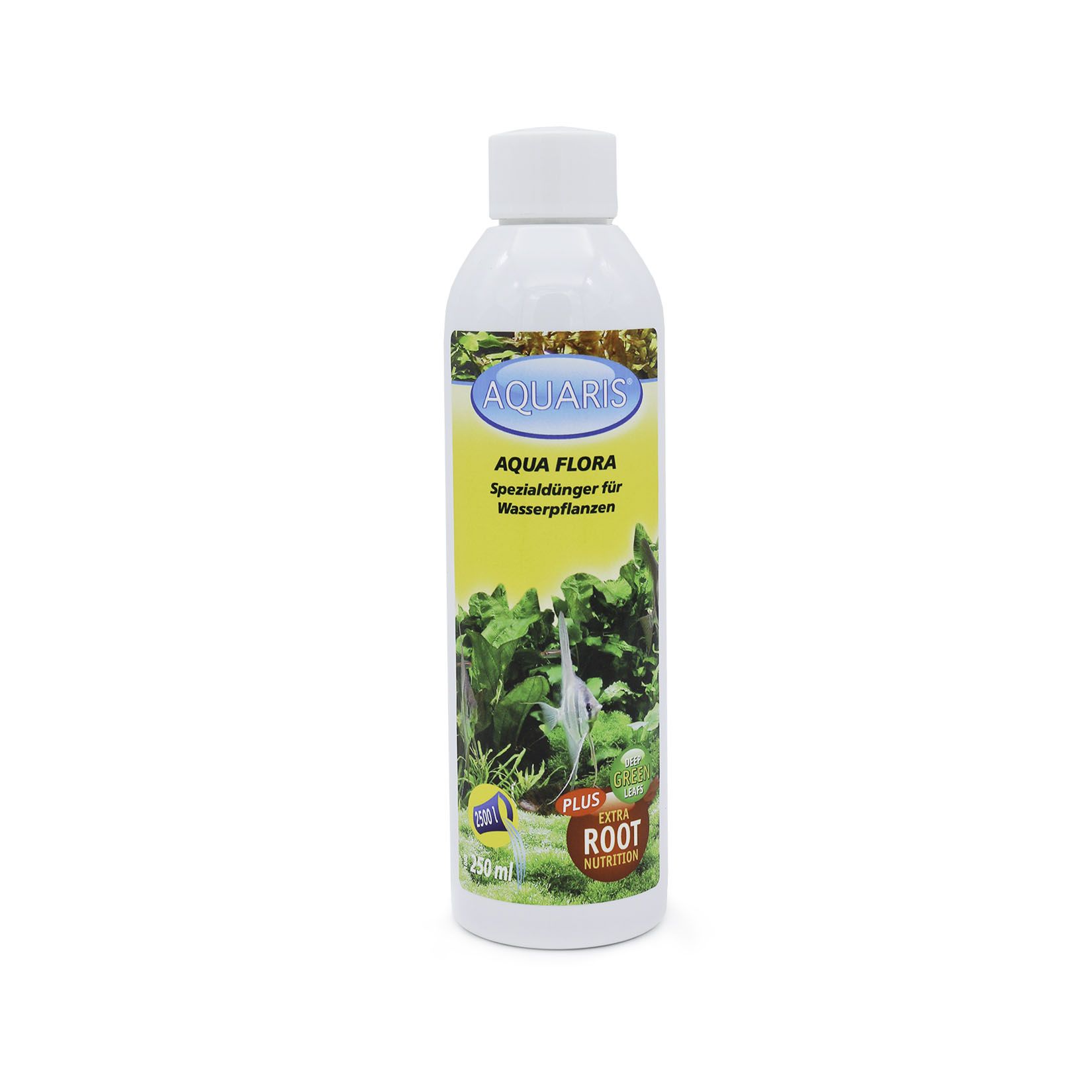 Weiße Flasche mit Etikett. AQUARIS Aqua Flora, Pflanzenabbildung und Logo. Roter Aufkleber mit Text.