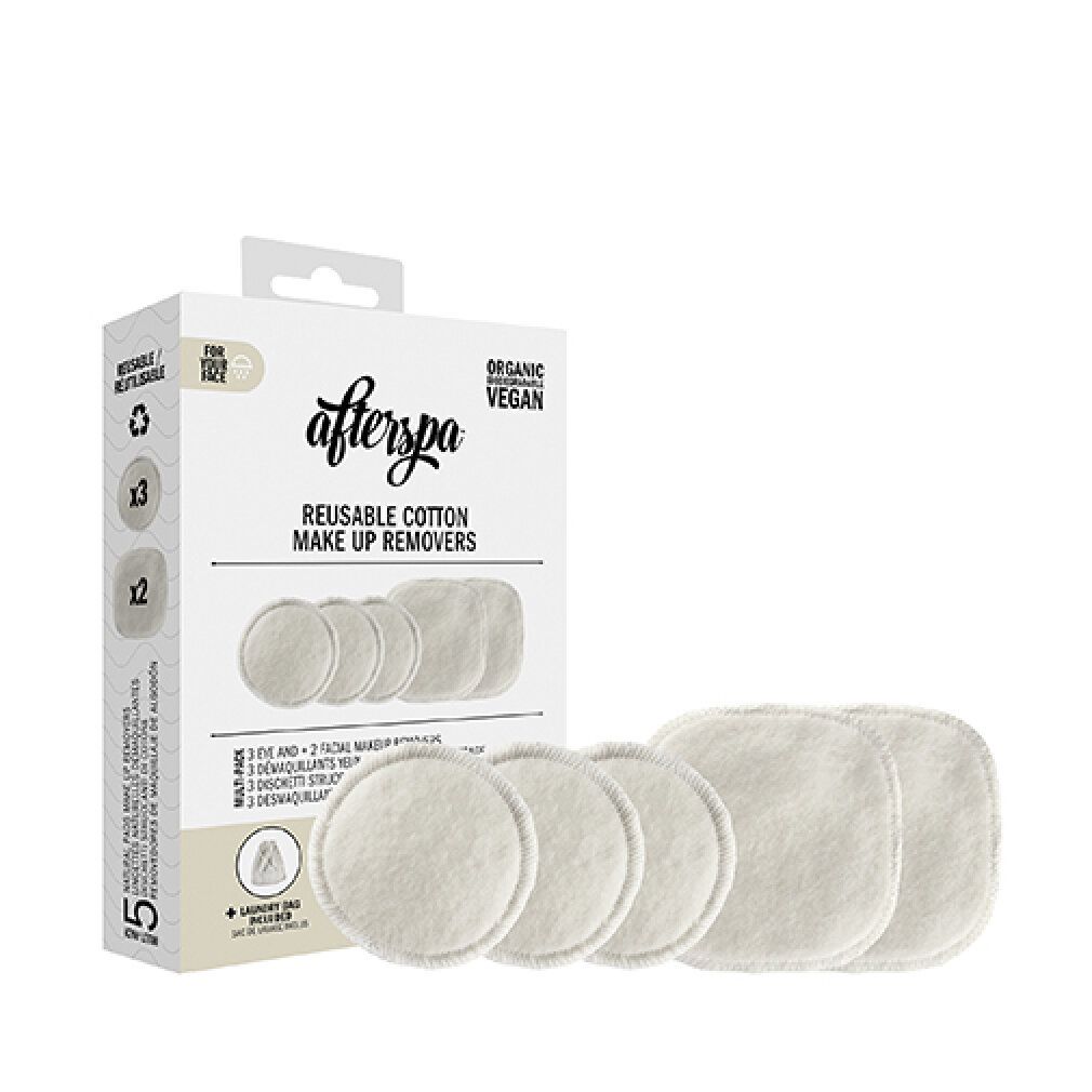 Verpackung mit AfterSpa Make-up Entferner Pads. Enthält runde und quadratische Pads. Vegan, aus Baumwolle.