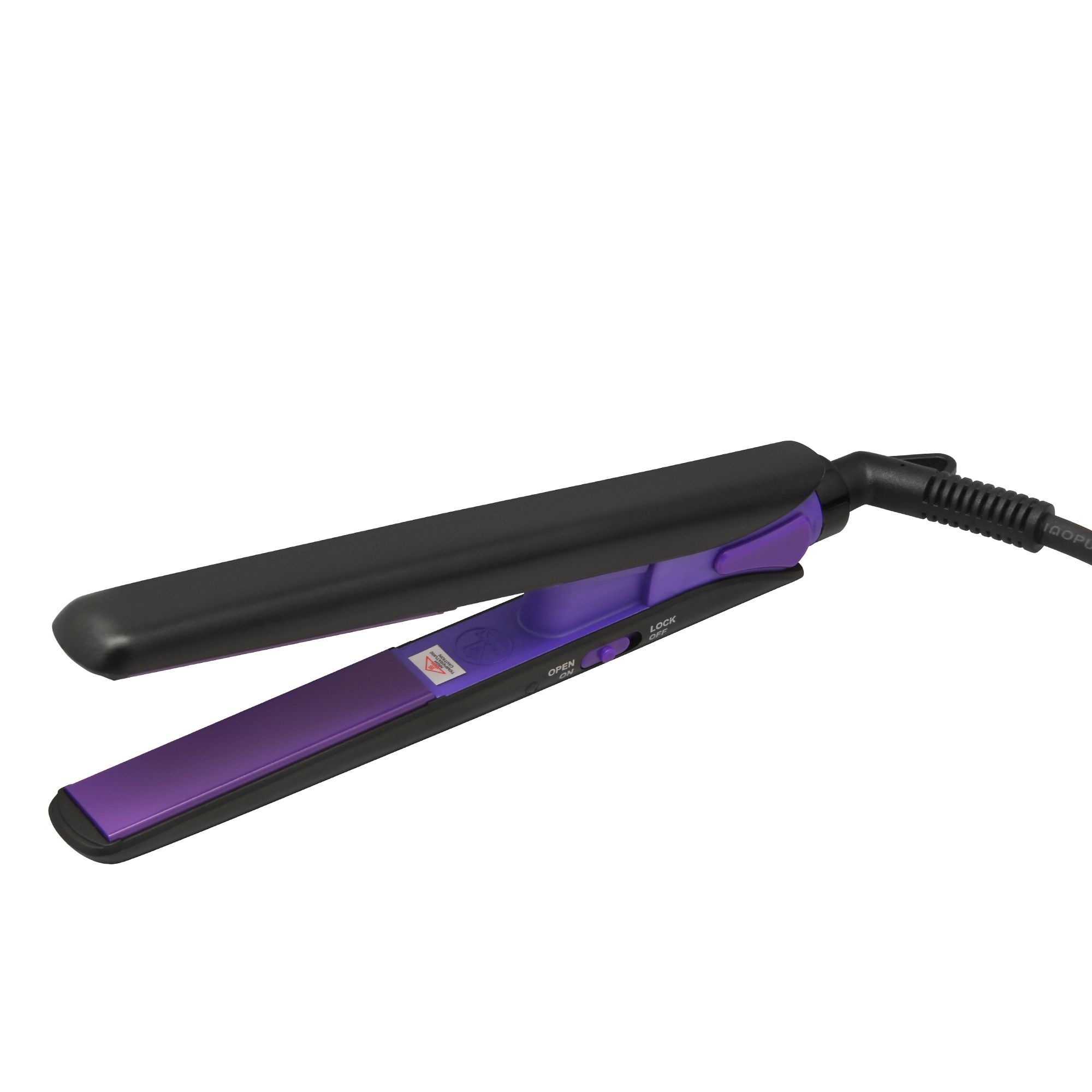 Schwarz-lila Mini-Haarstyler. Schwarze Heizplatten. Lila Innenraum. Kabelanschluss. Text: Erth Beauty Electricals.