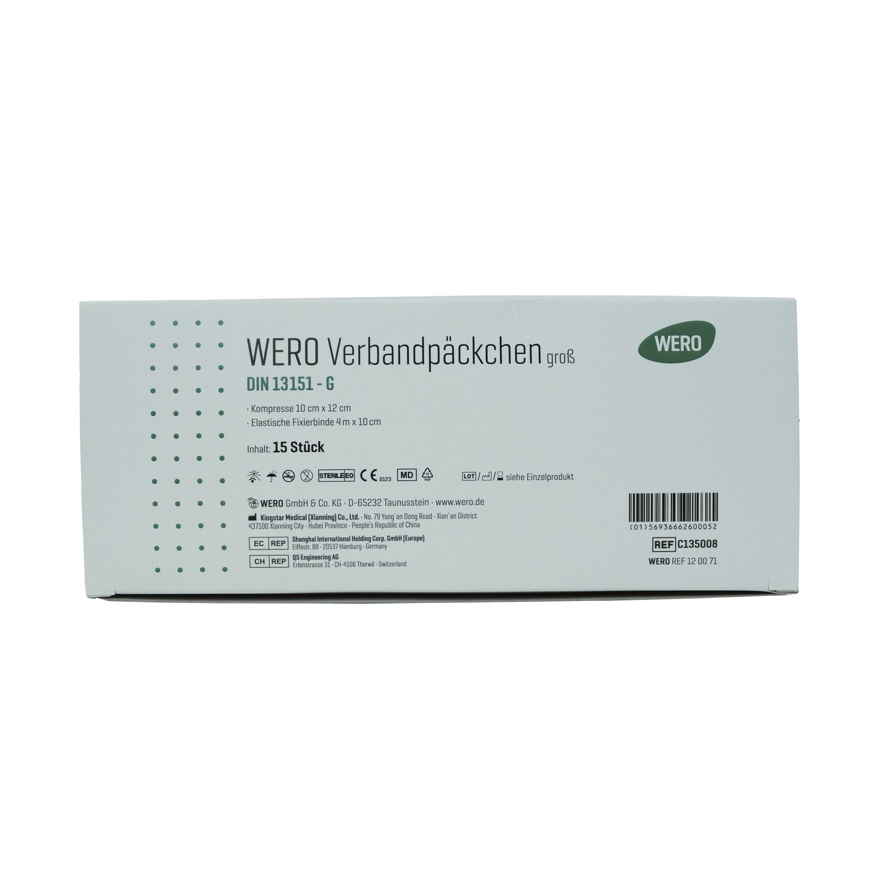 Weiße Box mit WERO Verbandpäckchen DIN 13151-G, 15 Stück. Rückseite.