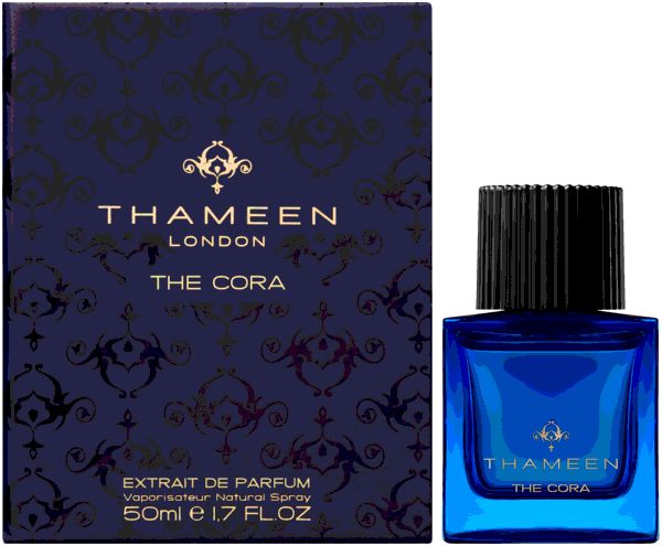 Blaues Parfumflakon und Schachtel. Aufschrift: Thameen London, The Cora. Extrait de Parfum. 50ml e 1.7 FL.OZ.