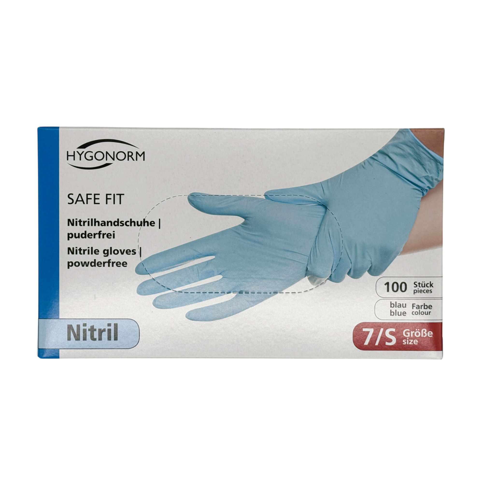Verpackung von Hygonorm Safe Fit Nitrilhandschuhen. Enthält 100 Stück, Größe 7/S. Blaue Handschuhe.