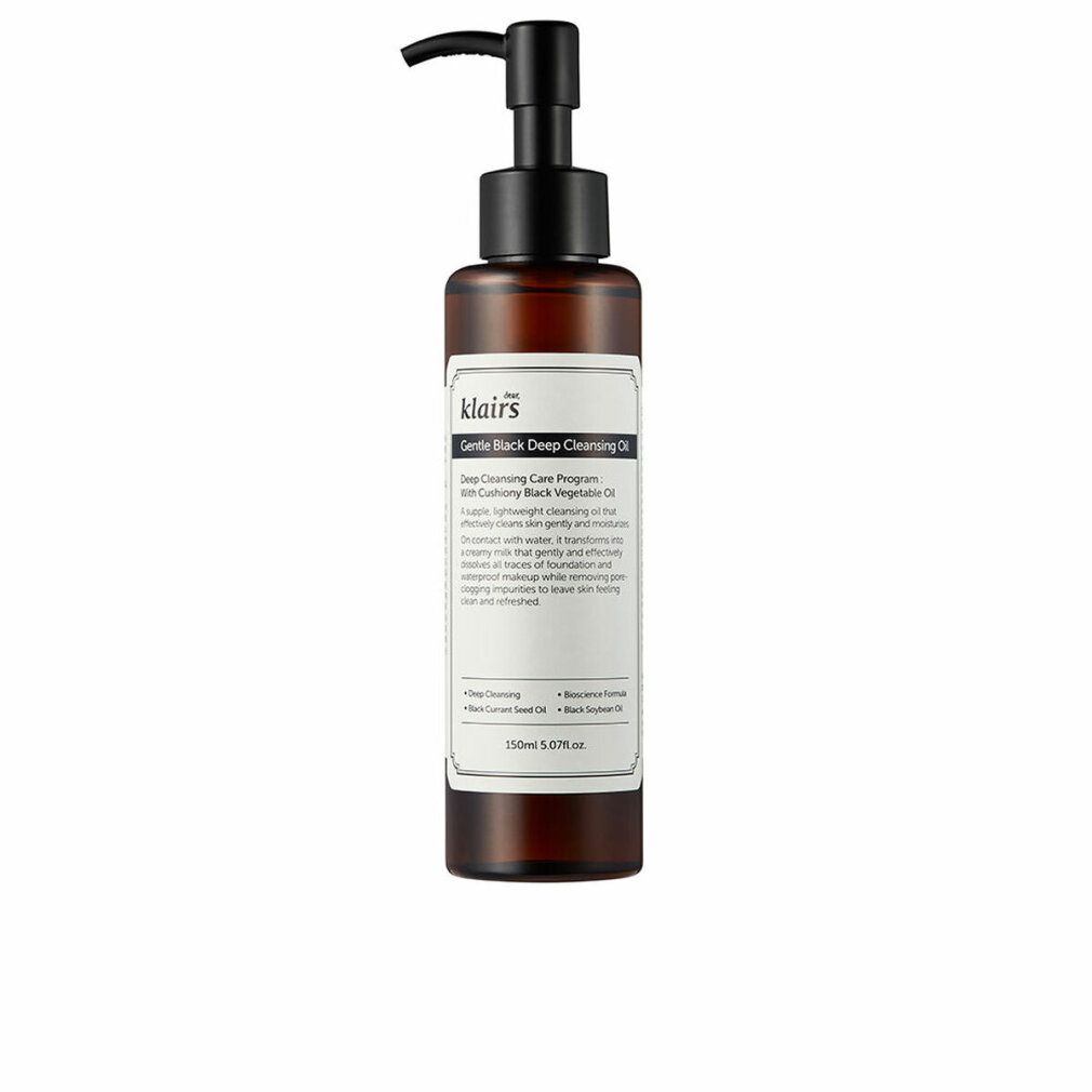 Braune Flasche mit schwarzem Pumpverschluss. Aufkleber mit Text. Produktname: Gentle Black Deep Cleansing Oil.