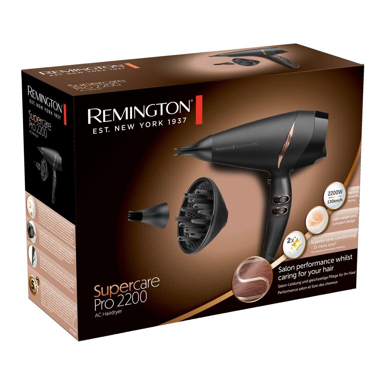 Verpackung des Haartrockners. Schwarzer Haartrockner mit Zubehör. Marke: REMINGTON, Modell: Supercare Pro 2200. Text: 2200W, 120km/h.