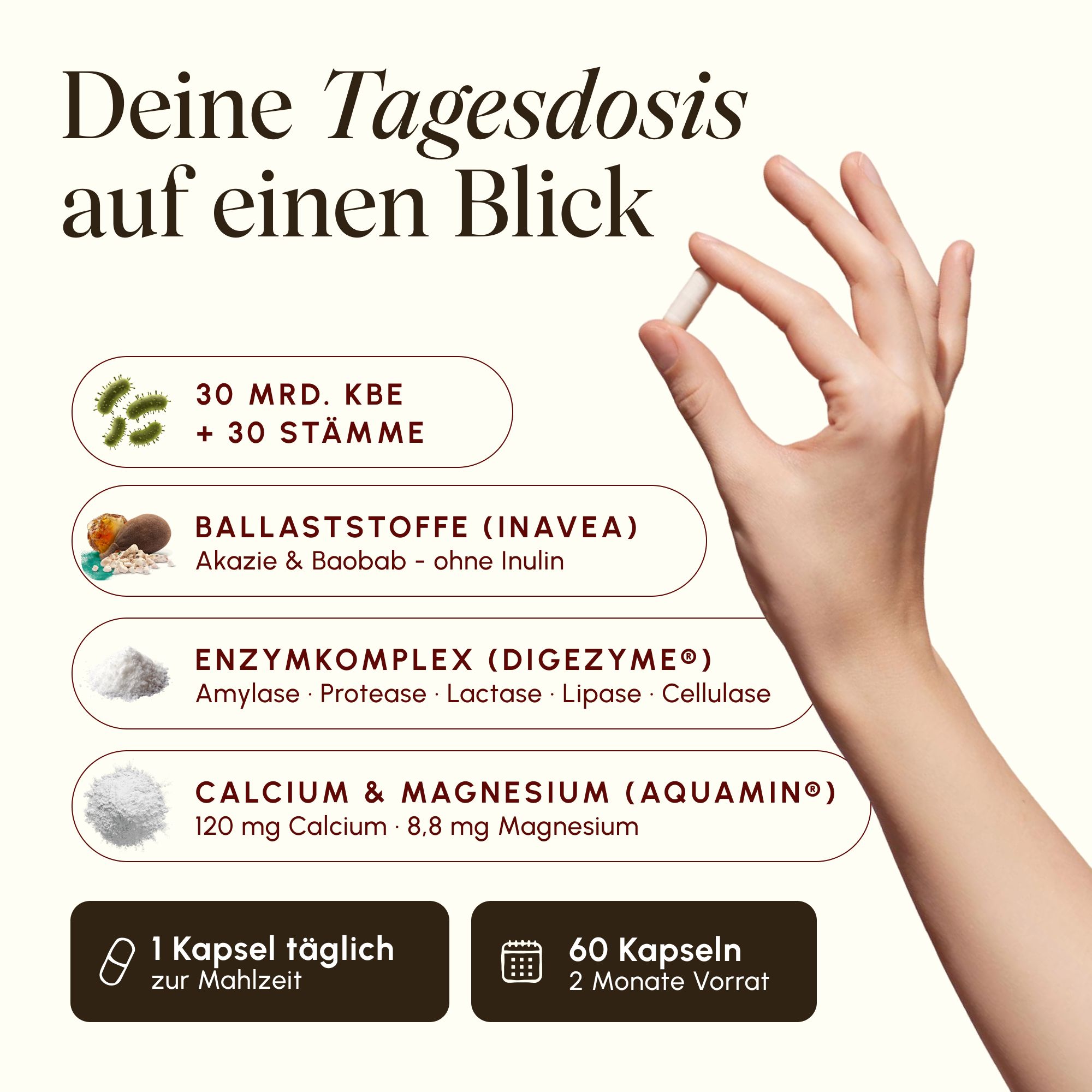 Tagesdosis auf einen Blick: 30 Mrd. KBE, Ballaststoffe, Enzymkomplex, Calcium & Magnesium.