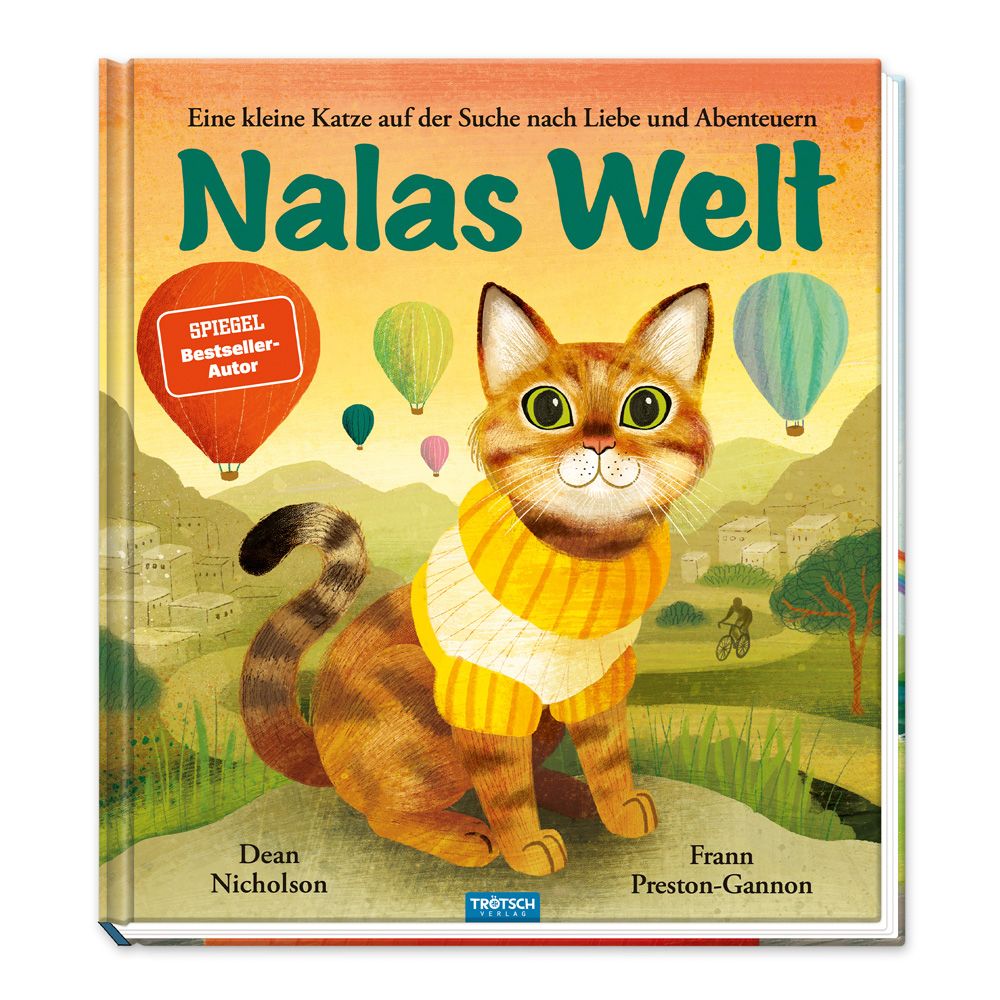 Kinderbuch "Nalas Welt". Katze mit gelbem Pullover, Heißluftballons. Titel in Grün. Autoren: Dean Nicholson, Frann Preston-Gannon. Verlag: Trötsch.