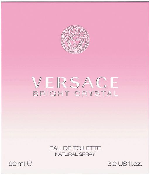 Versace Bright Crystal Eau De Toilette Schachtel mit Medusa-Logo und rosa Farbverlauf.