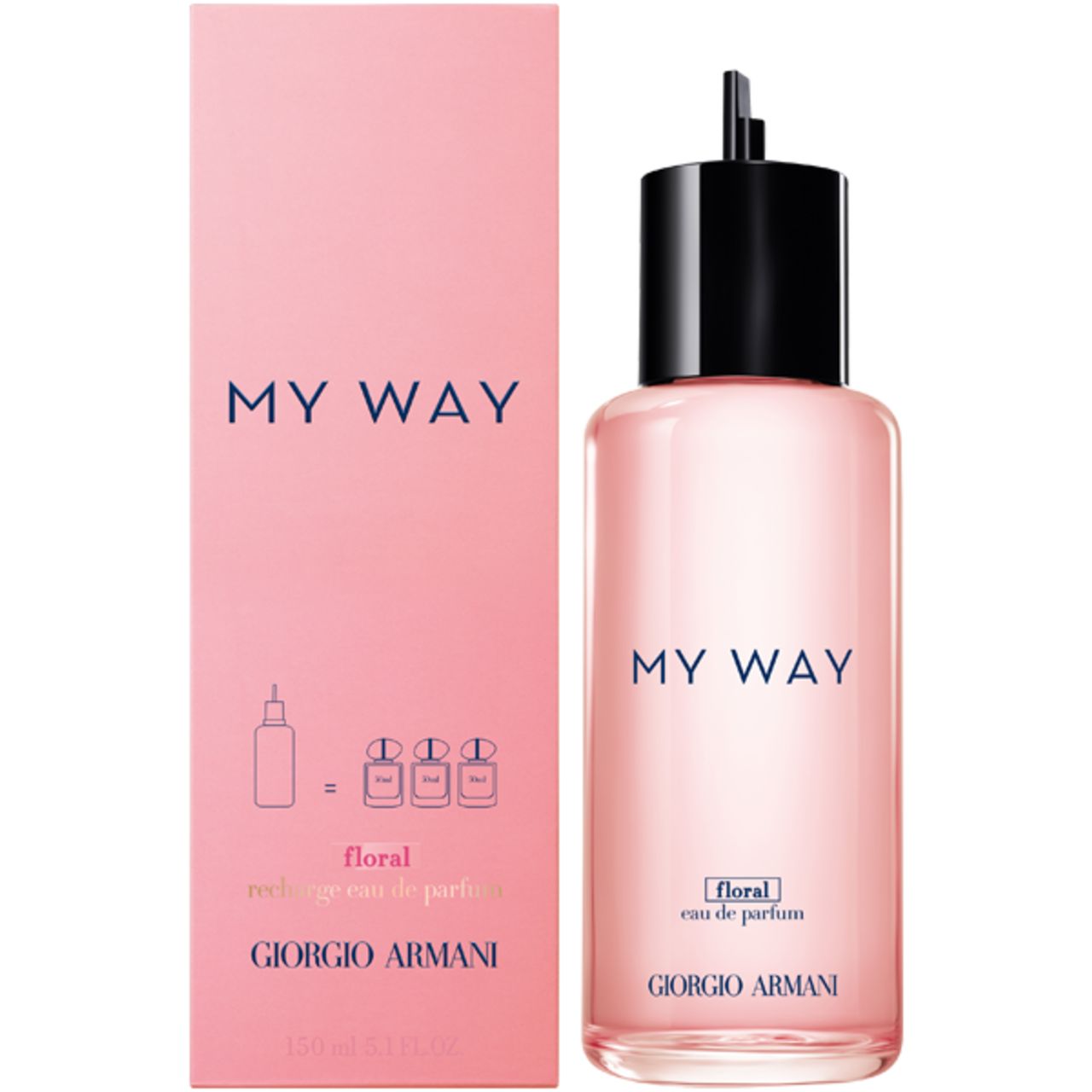 Rosa Verpackung und Flakon. Aufschrift "MY WAY floral eau de parfum" und "GIORGIO ARMANI". Abbildung von Nachfüllung.