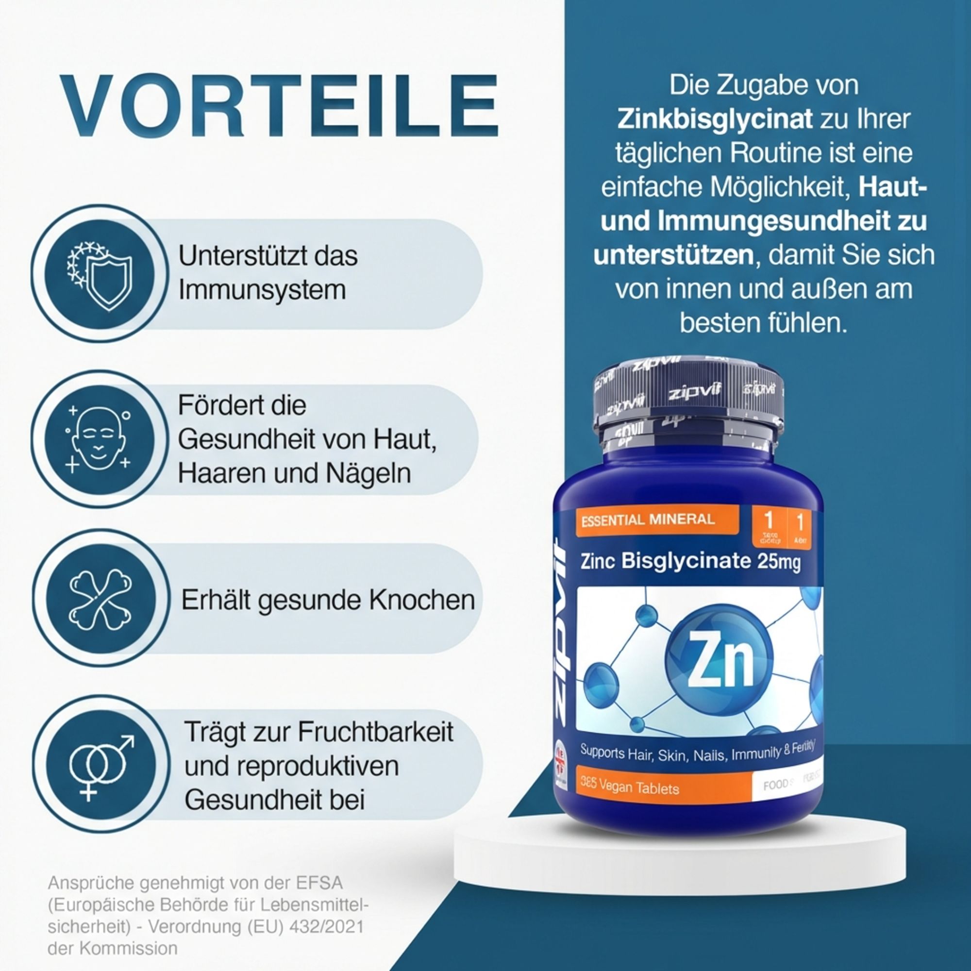 Zipvit Zink Bisglycinat High Strength 25mg - Immunsystem & Haut - Vegan
