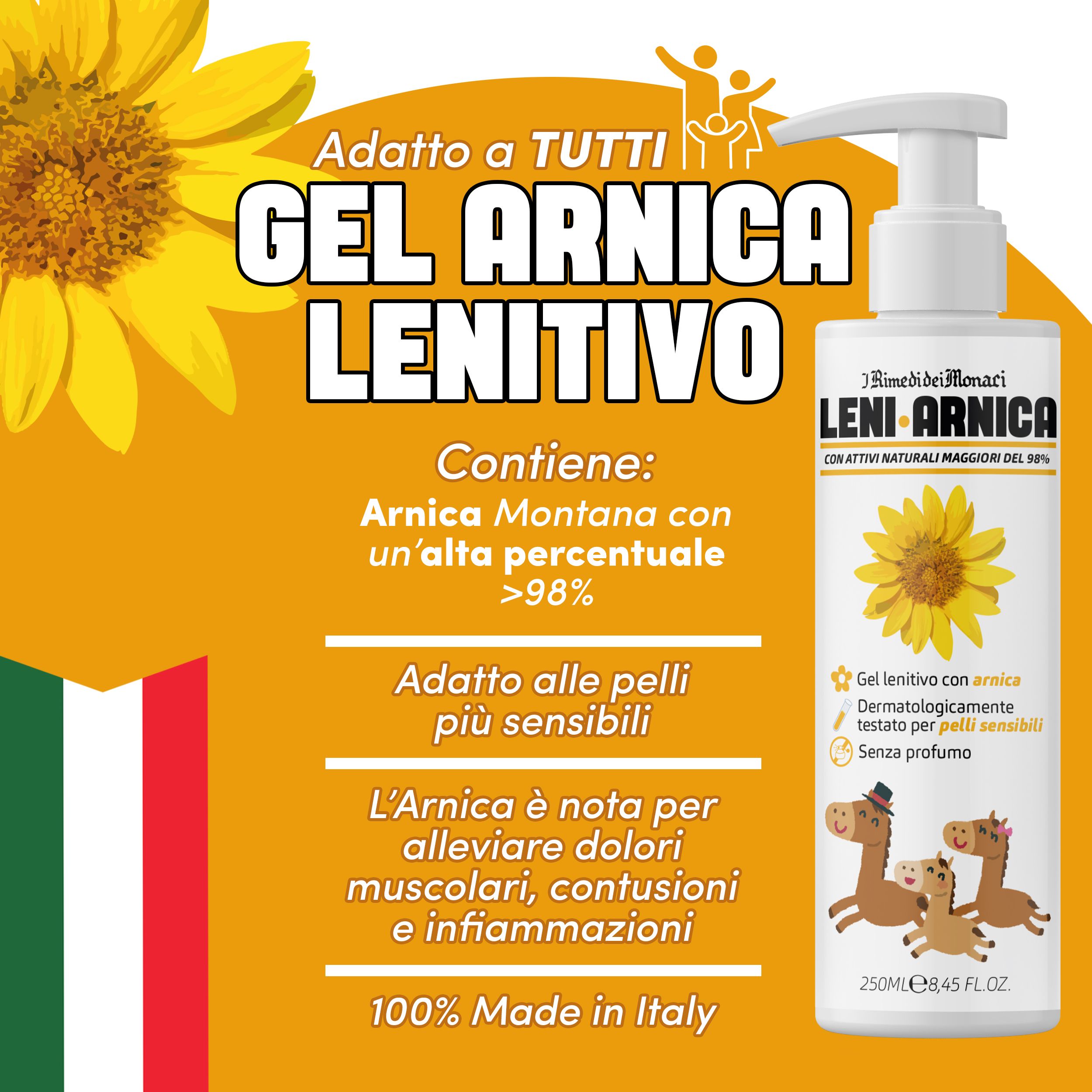Arnika-Gel-Flasche mit gelbem Etikett. Enthält Arnika Montana. Geeignet für empfindliche Haut. 100% Made in Italy.