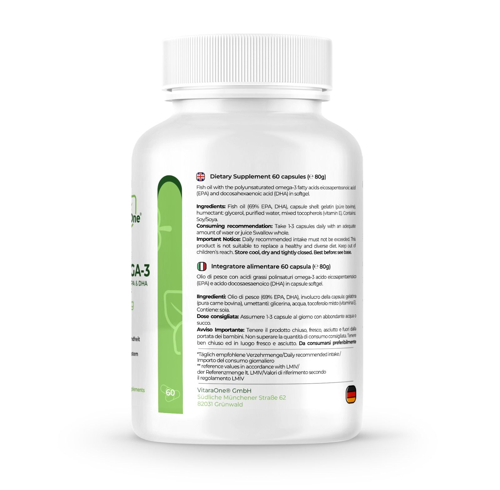 Rückseite der Flasche mit Omega-3 Kapseln. Text in Deutsch und Englisch. Enthält Informationen zu Inhaltsstoffen.