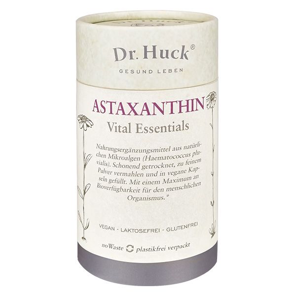 Cilindrische kartonnen doos met Astaxanthine Vital Essentials van Dr. Huck. Wit etiket met productinformatie.