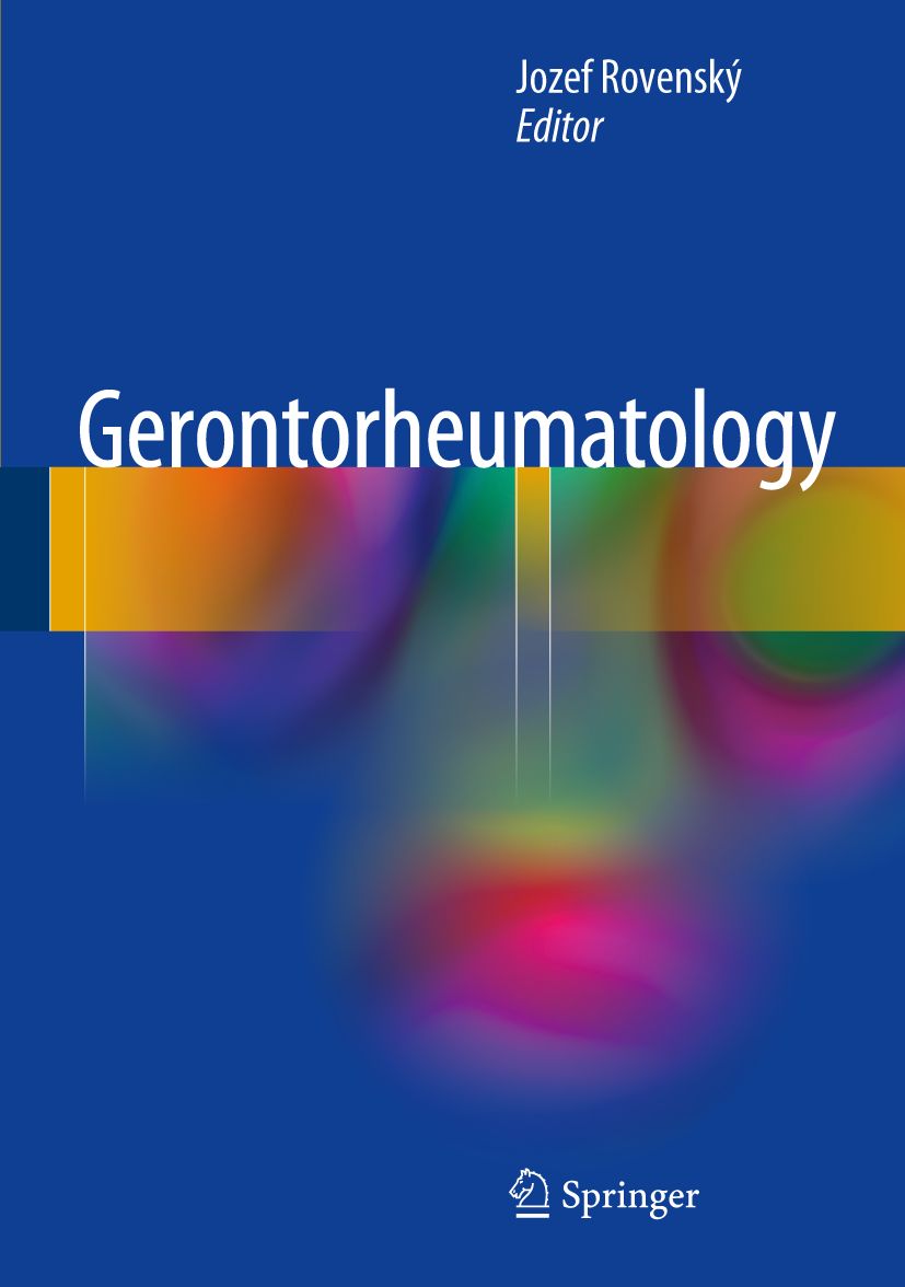 Buchcover mit Titel "Gerontorheumatology". Autor: Jozef Rovenský. Verlag: Springer. Blauer Hintergrund mit farbigen Kreisen.
