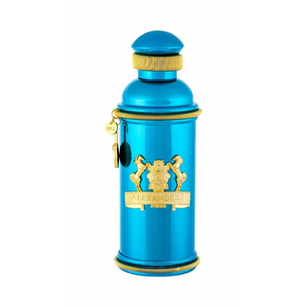 Türkisfarbene Flasche mit goldenen Verzierungen und Anhänger. Aufschrift Alexandre.j.