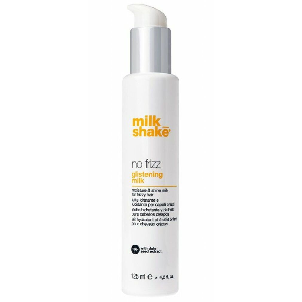 Weiße Flasche mit Pumpe. Aufschrift: Milk_Shake, No Frizz Glistening Milk. Mehrsprachige Produktbeschreibung. Unten: 125 ml.