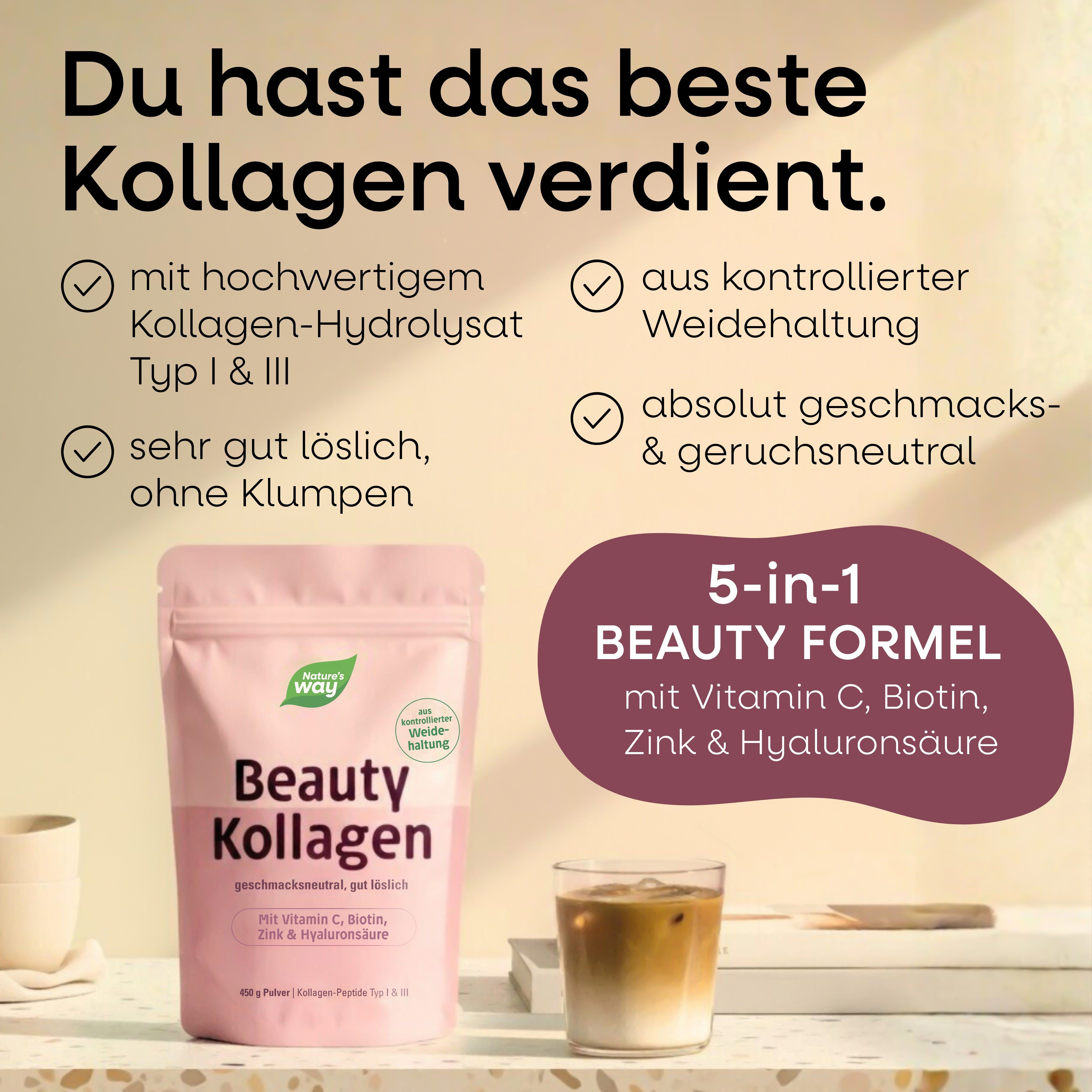 Rosa Beutel mit Beauty Kollagen Pulver, Glas mit Getränk. Text: 5-in-1 Beauty Formel, Vitamin C, Biotin, Zink & Hyaluronsäure.