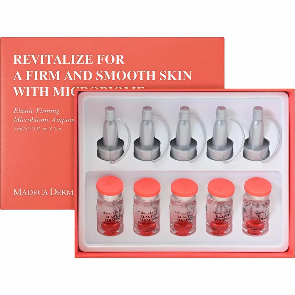 Schachtel mit 6 Ampullen. Beschriftung: MADECA DERM Elastic Firming Microbiome Ampullen. 7ml/0.23 fl. oz. x 5ea.