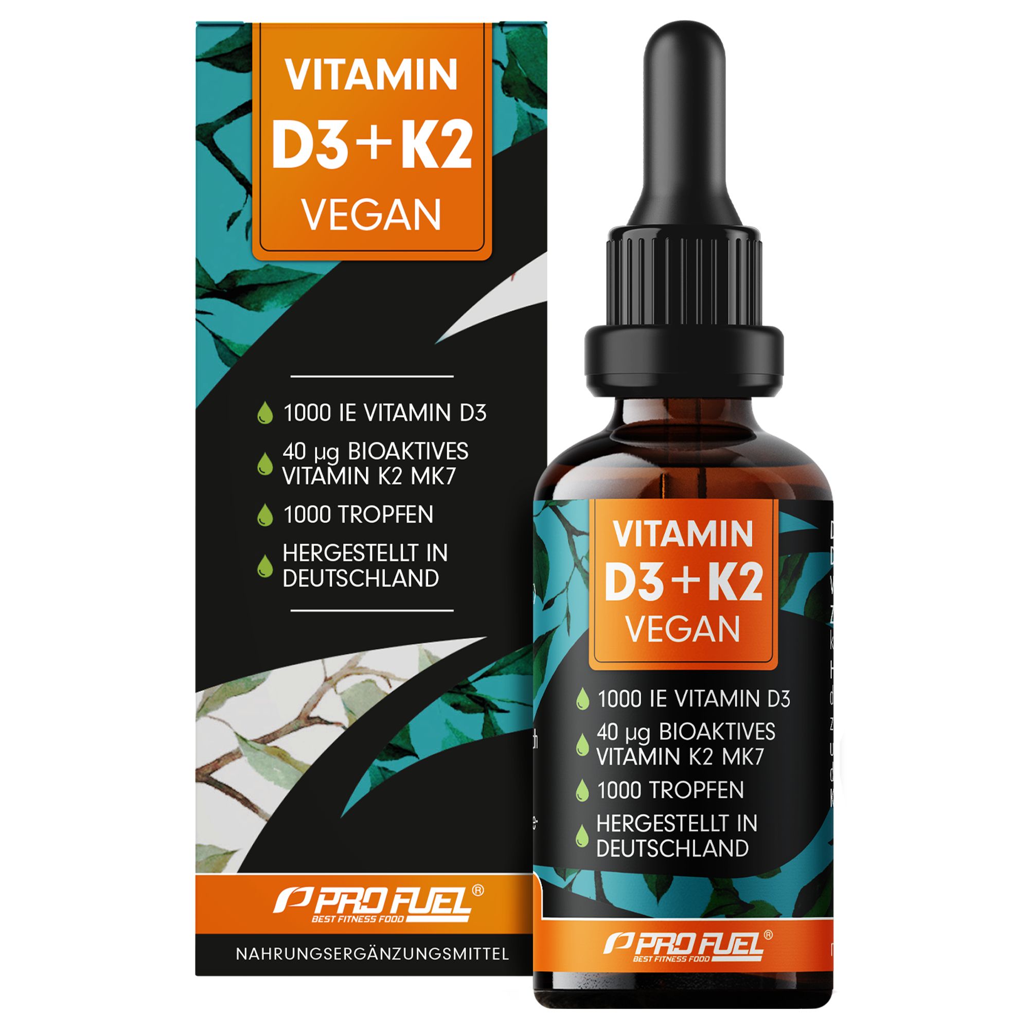 ProFuel - Vitamin D3 + K2 Vegan Tropfen - 1.000 IE Vitamin D3 + 40 mcg Vitamin K2 Mk-7 (K2Vital®)