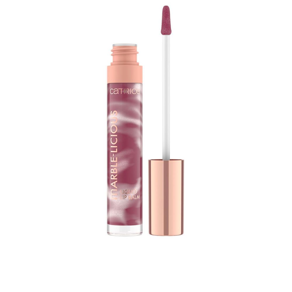 Lippenbalsam mit Applikator. Flasche mit Marmor-Design. Aufschrift: MARBLE-LICIOUS, flüssiger Lippenbalsam. Farbton: 050-strawless makellos.